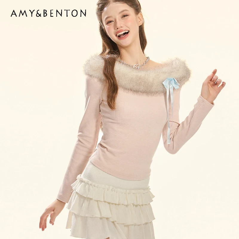 

2025 Autumn Winter New Pink Fur Collar Knitted Women's Top Original Design Sweet Cute Bow Versatile Slimming Pullover Ladies