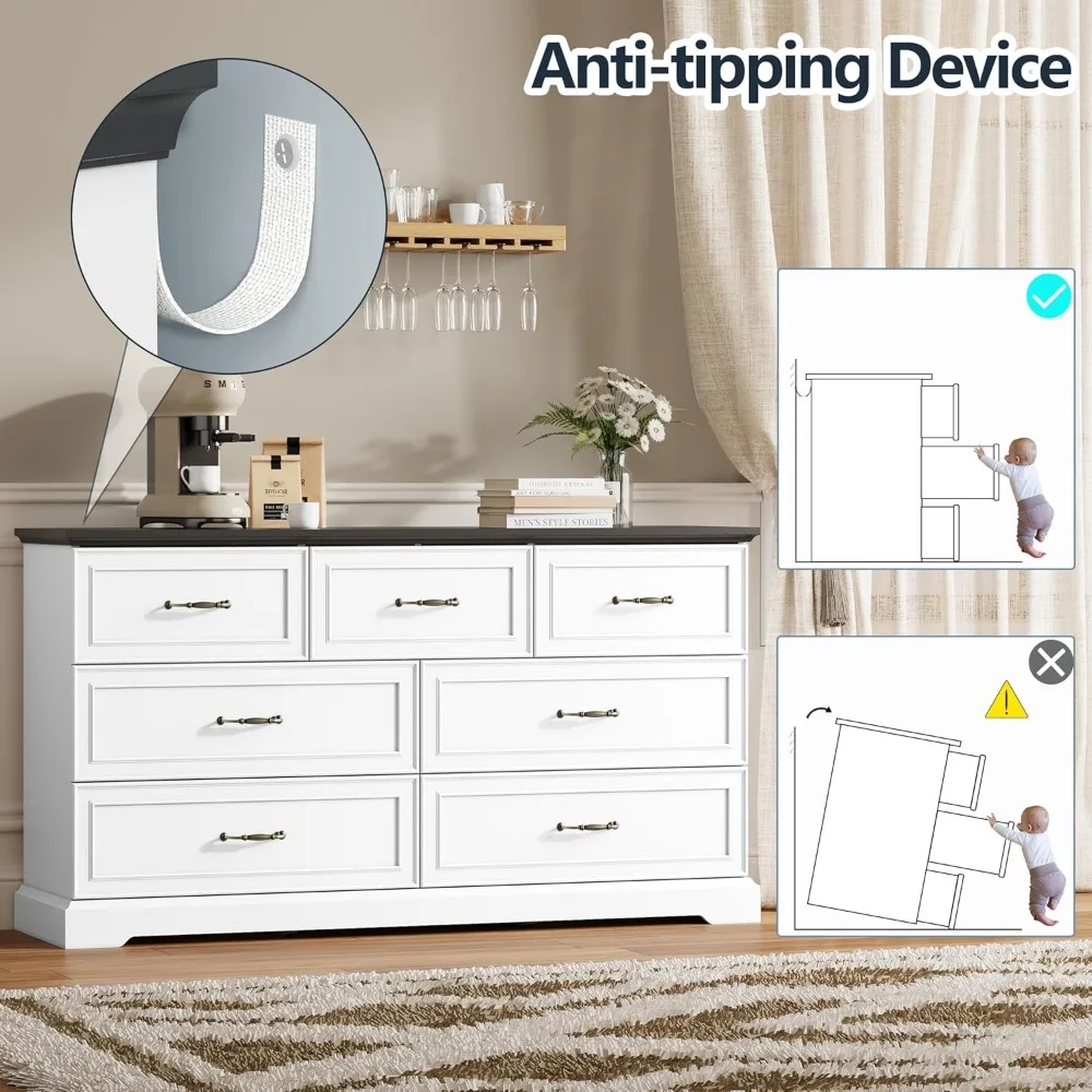 خزانة ذات 7 أدراج خشبية واسعة على طراز المزرعة الريفية مع مساحة تخزين كبيرة ومقابض معدنية