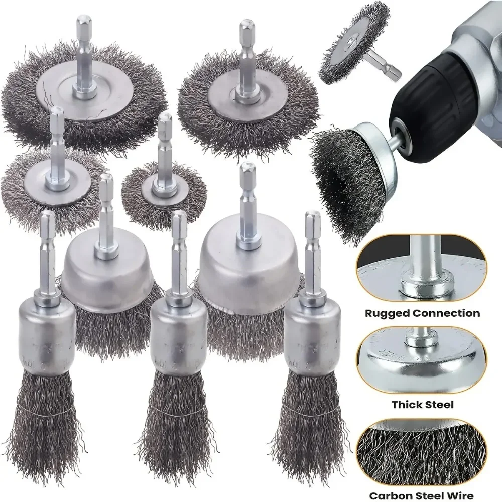 

9pcs/3pcs Wire Brush Wheel Cup Brush Set Black Silk 6.35mm Hexagonal Rod Brush for Grinder Abrasive Tool Rust Removal Polishing