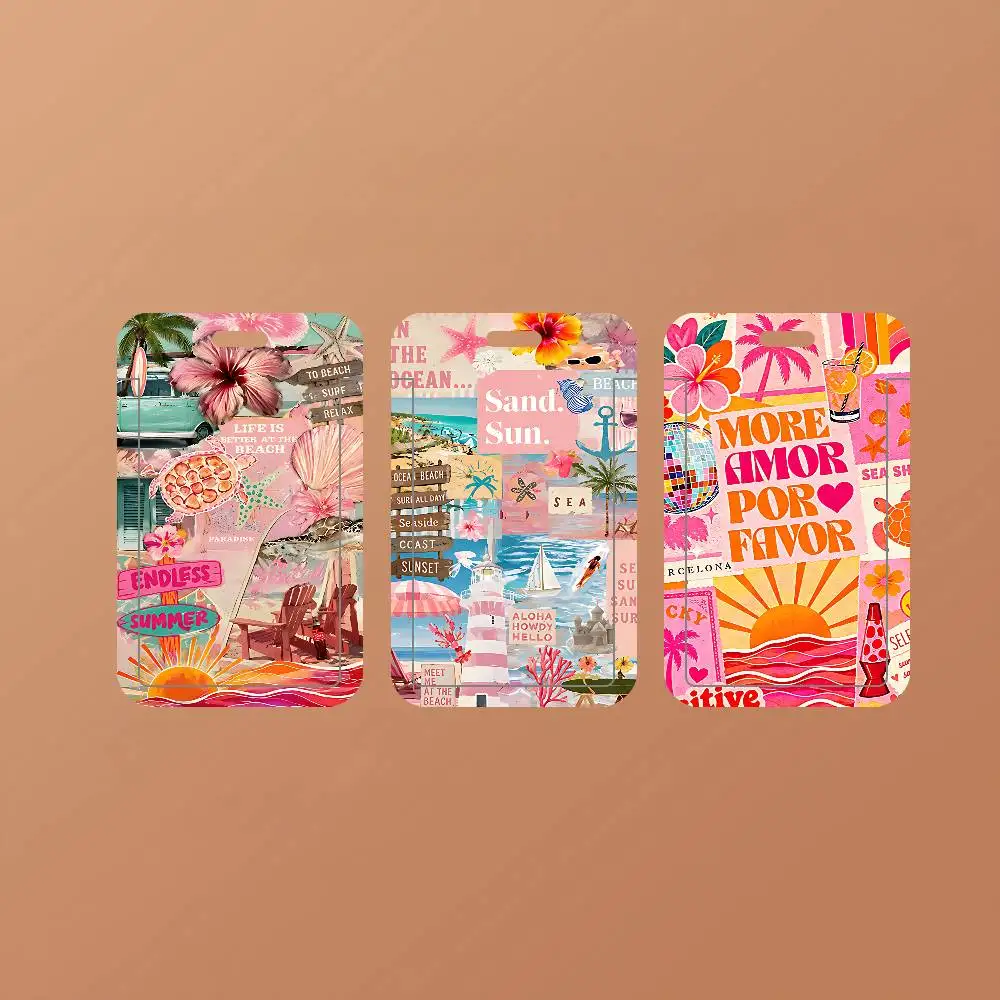 Pink Beach Floral Cute ID Card Holder Badge Cover PVC Card Case Student Work Card Holder Gift For Girls