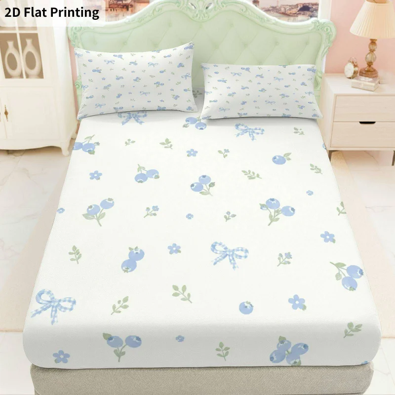 3Pcs Bluefloralbowpattern Fitted Sheet Three Piece Set (1*Fitted Sheet + 2*Pillowcases, Coreless), Bedding Set
