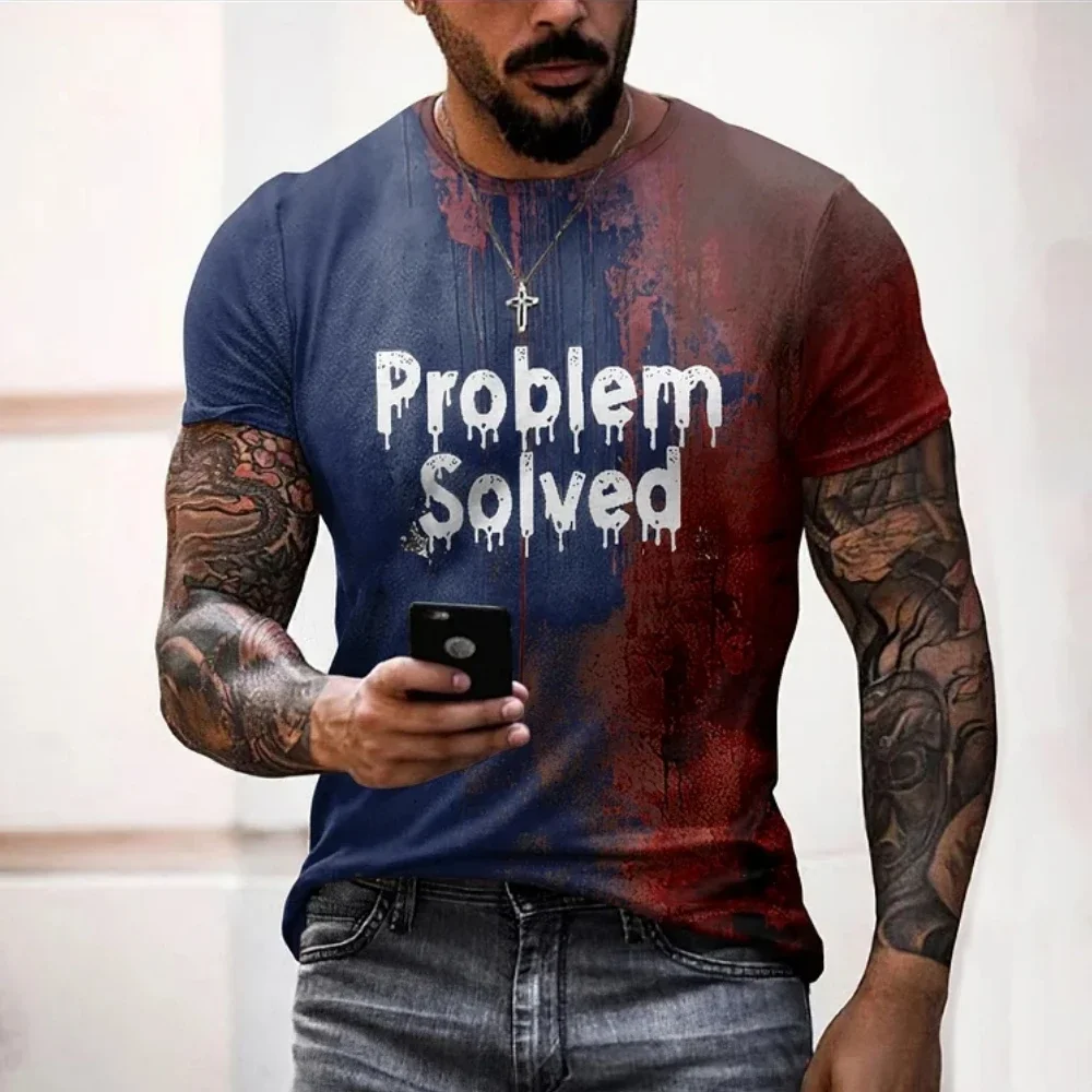 Men's T Shirts Problem Solved Bloody Print Tees Fashion Horrible Halloween Short Sleeve Tops Casual Round Neck Oversized T-shirt