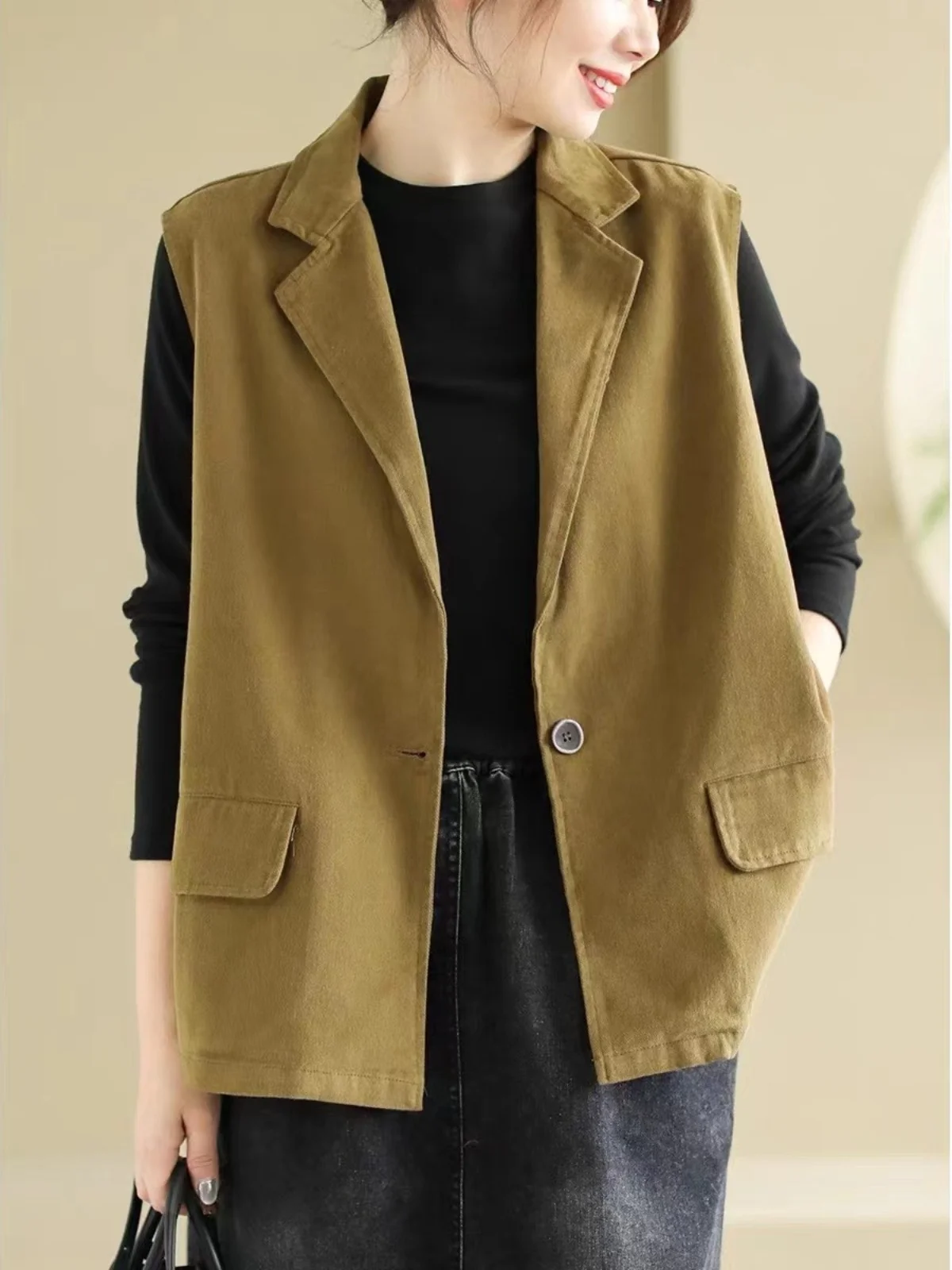 

Cotton Vest Women's Faion Layering Spring Autumn Pure Color Commute Sle One Button Closure Classic Design