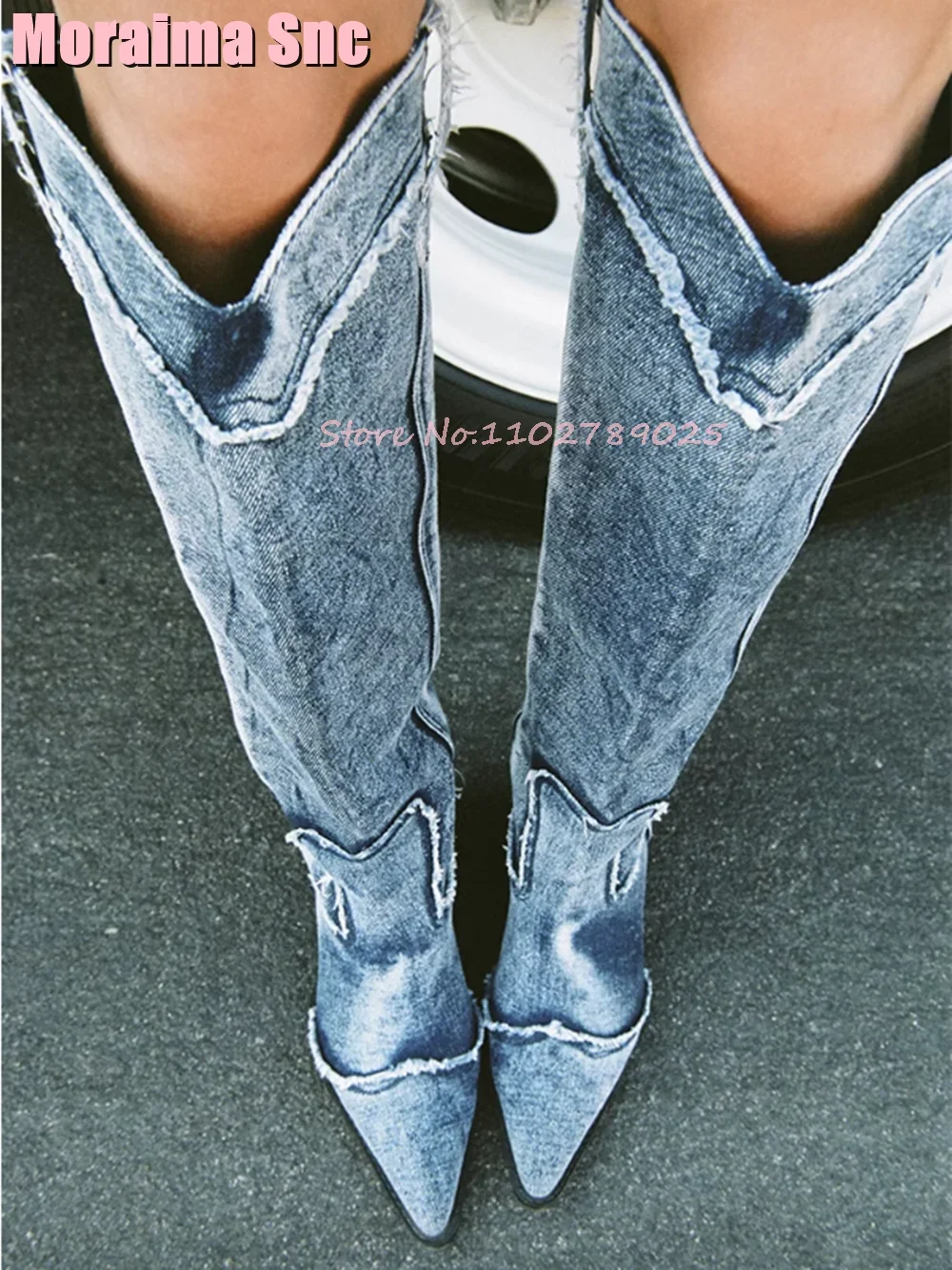 

Denim Pointed Toe Sewing Western Boots Block Heeled Fashion Sexy Women Long Boots Side Zipper Retro Style Autumn Winter 2024 New