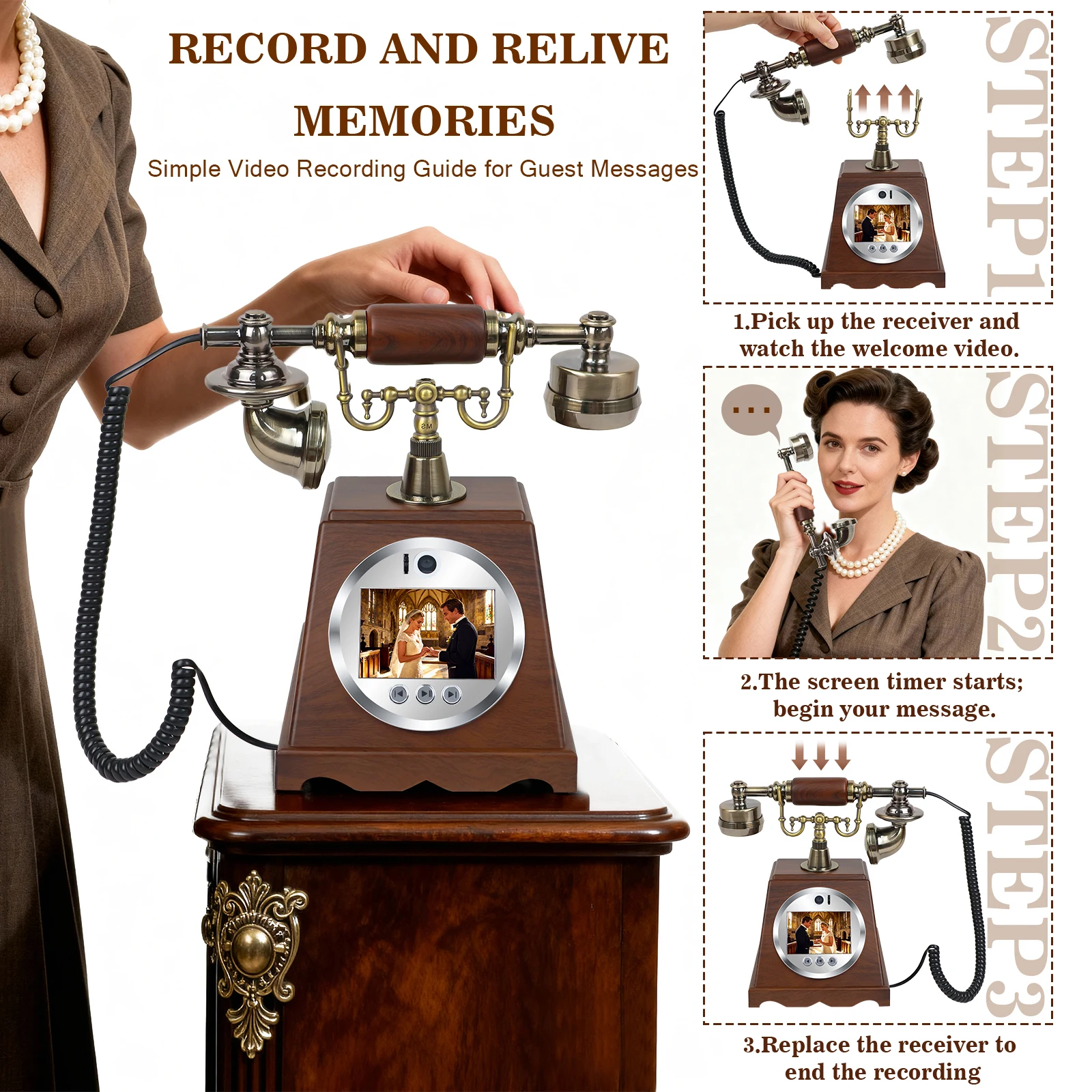 Retro-Video-Gästebuch-Telefon, Hochzeits-Audio-Video-Nachrichten-Telefon, Gästebenachrichtigungs-Video-Telefon, Einzigartige Möglichkeit, eine Nachricht zu hinterlassen – Detail 7