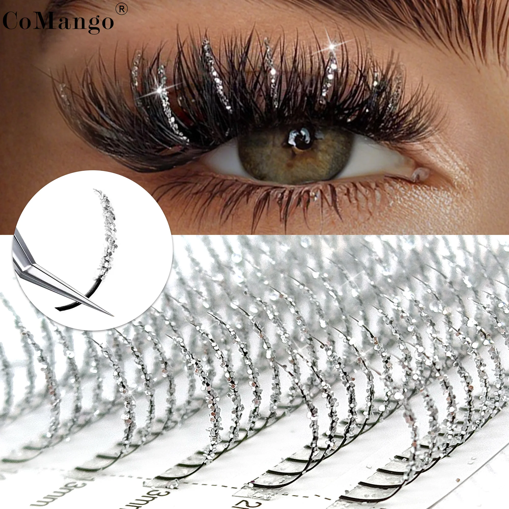 CoMango Extension ciglia colorate con glitter a punta per festa cosplay di Natale, ciglia singole all'ingrosso per Halloween.