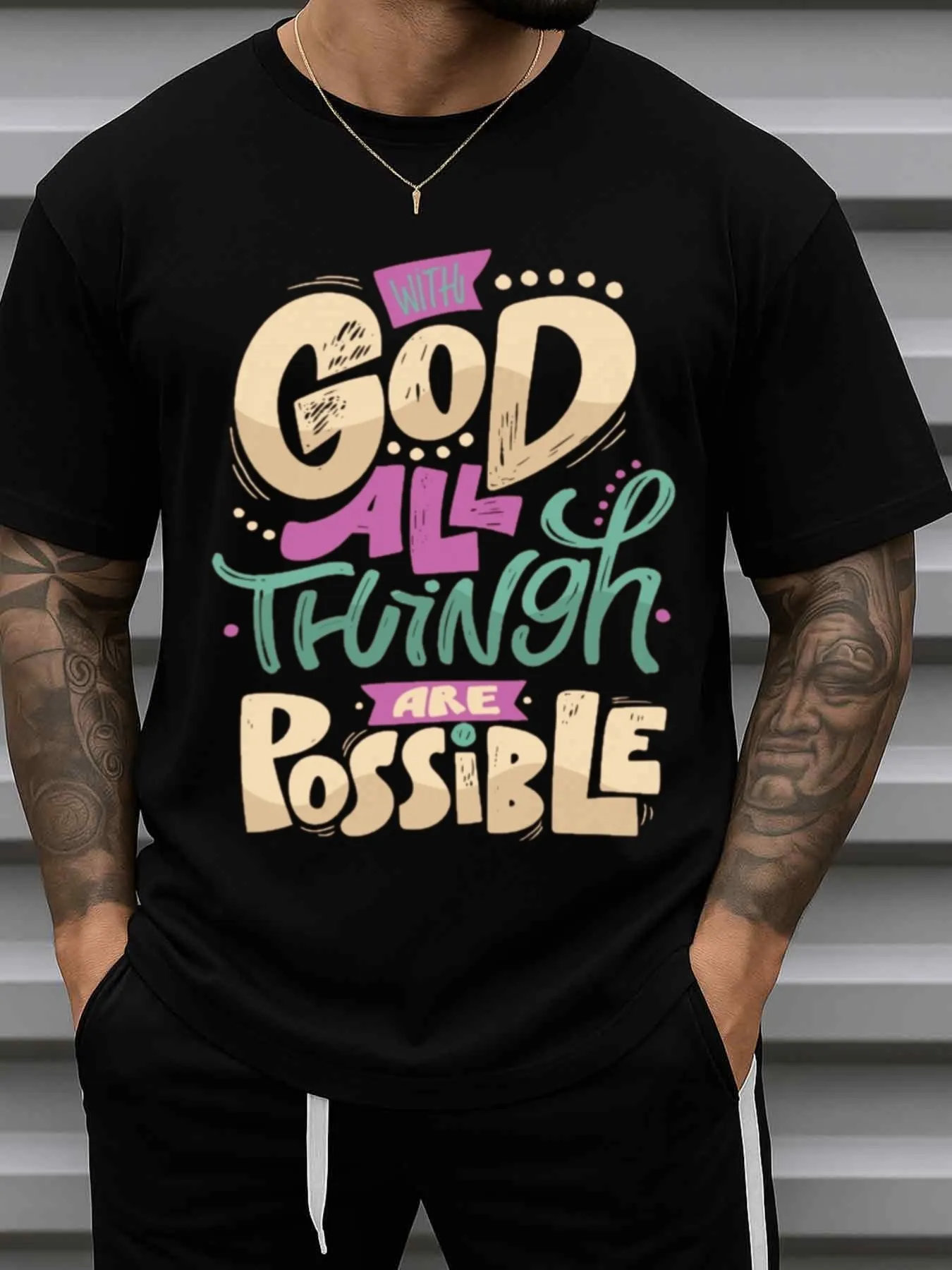 Men's Faith-Themed T-Shirt - Casual Round-Neck Short Sleeves, Religious Print Design, Suitable for Church Services, Daily Wear, and Gift-Giving