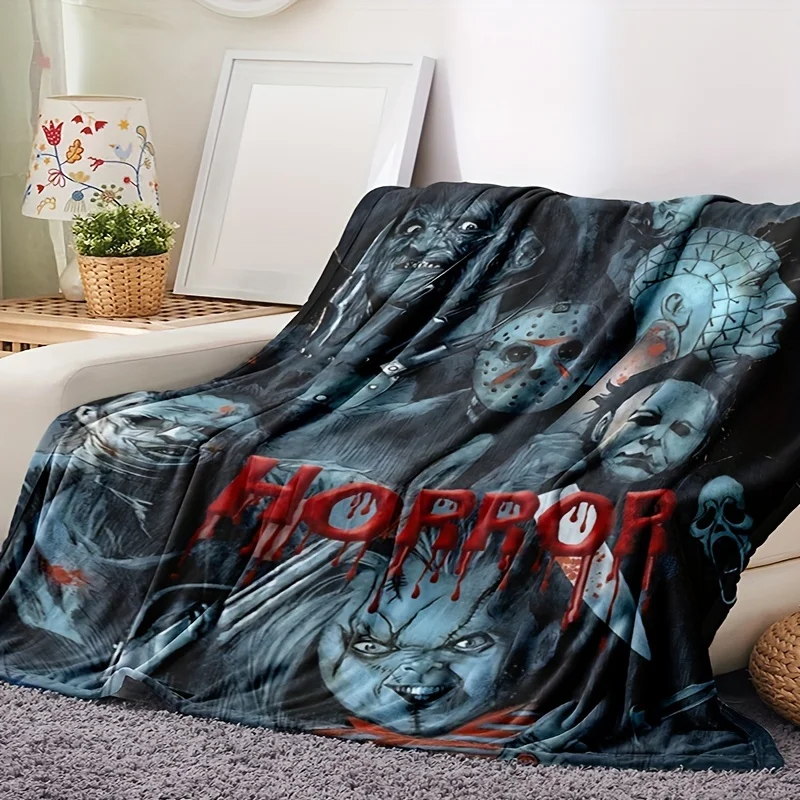 

1pc Halloween Horror Movie Throw Blanket, Horror Decor Blanket, Soft Cozy Lightweight Flannel Gift Blankets