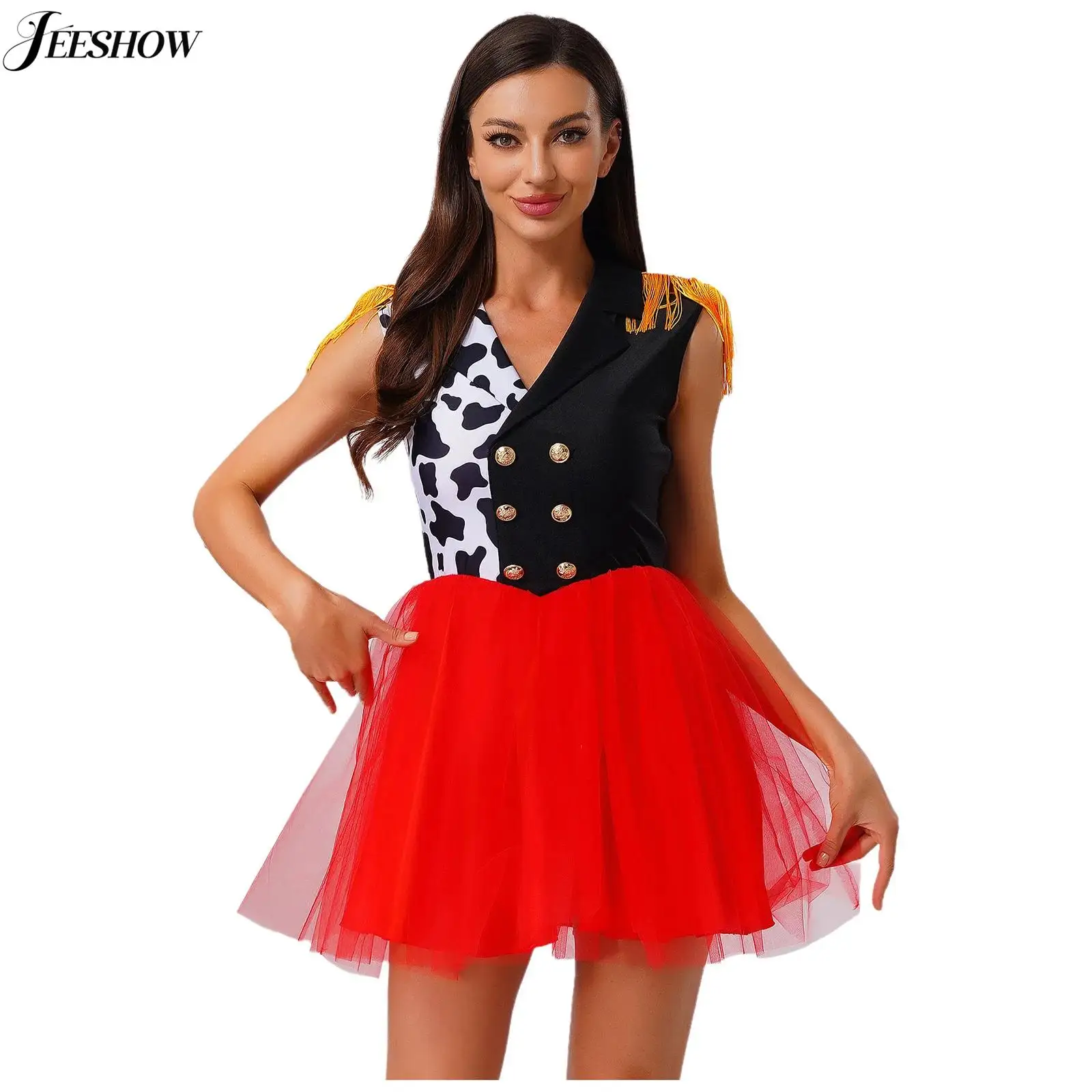 

Womens Killer Clown Costume Spot Print Patchwork Notched V Neck Sleeveless Tulle Hem Dress Circus Showman Role Play Fancy Dress