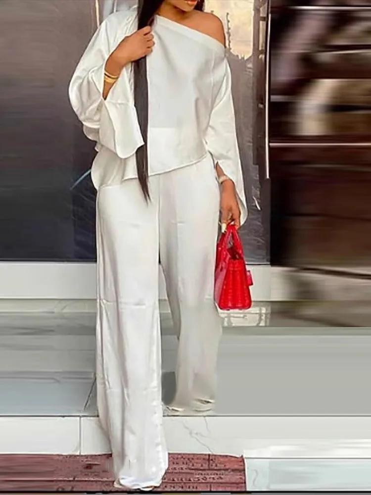 

Casual Solid Sets For Women Fashion Diagonal Collar Off Shoulder Loose Tops+Wide Leg Pants 2 Piece Set Lady Holiday Office New