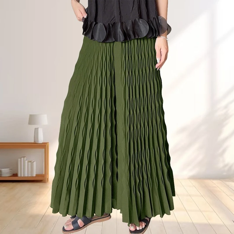 Pleated New Solid Color Elastic Waist Wide Leg Pants Miyake Fashion Hand Pleated Stretchy Loose Trousers Comfortable Women's