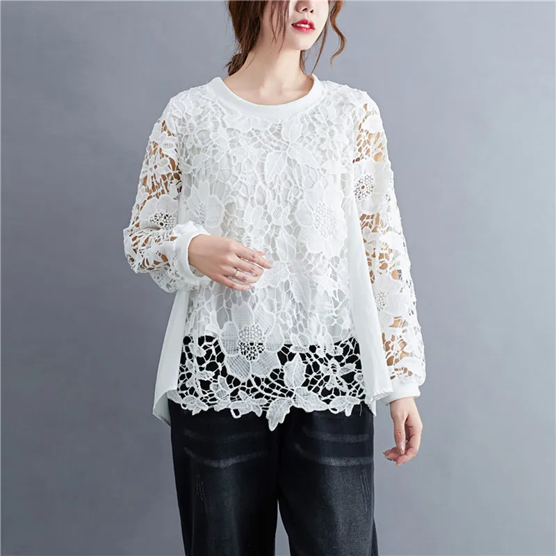 Oversized Lace T-shirt Hollowed Out Shirt Women Long Sleeve Casual Mesh Office Ladies Womens Summer Korean Style Cotton Tshirt