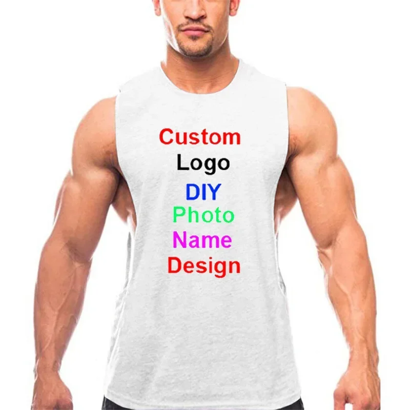 Custom Brand Logo DIY Mens Cotton Tank Top Bodybuilding Open Side Sleeveless T Shirt Gym Fitness Training Clothing