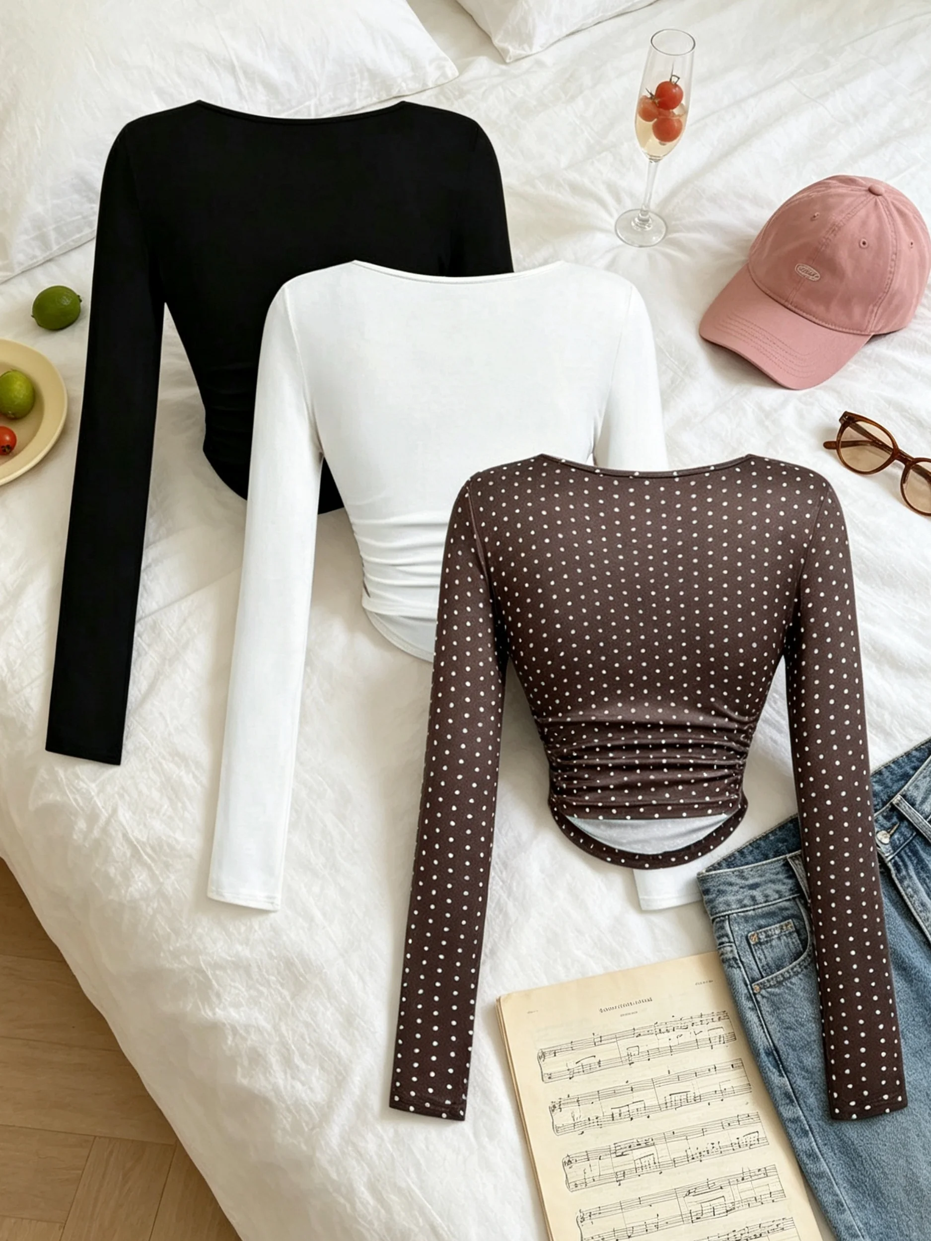 Women 3 Pack Square Neck Ruched Long Sleeve Top Asymmetric Hem Slim Fit Crop Tee Y2K Sexy Casual Basic Shirt
