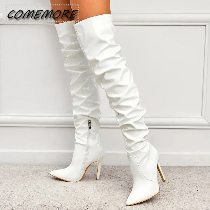 Red Women Over The Knee Boots High Heels Patent Leather Solid Pointed Toe Stiletto Side Zipper Thigh High Boots Fashion Party PU