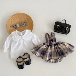 Cute Newborn Baby Girl Clothes 0-3Years Princess Kids Long Sleeve Peter Pan Collar Shirt Tops Plaid Strap Dress Romper Outfits