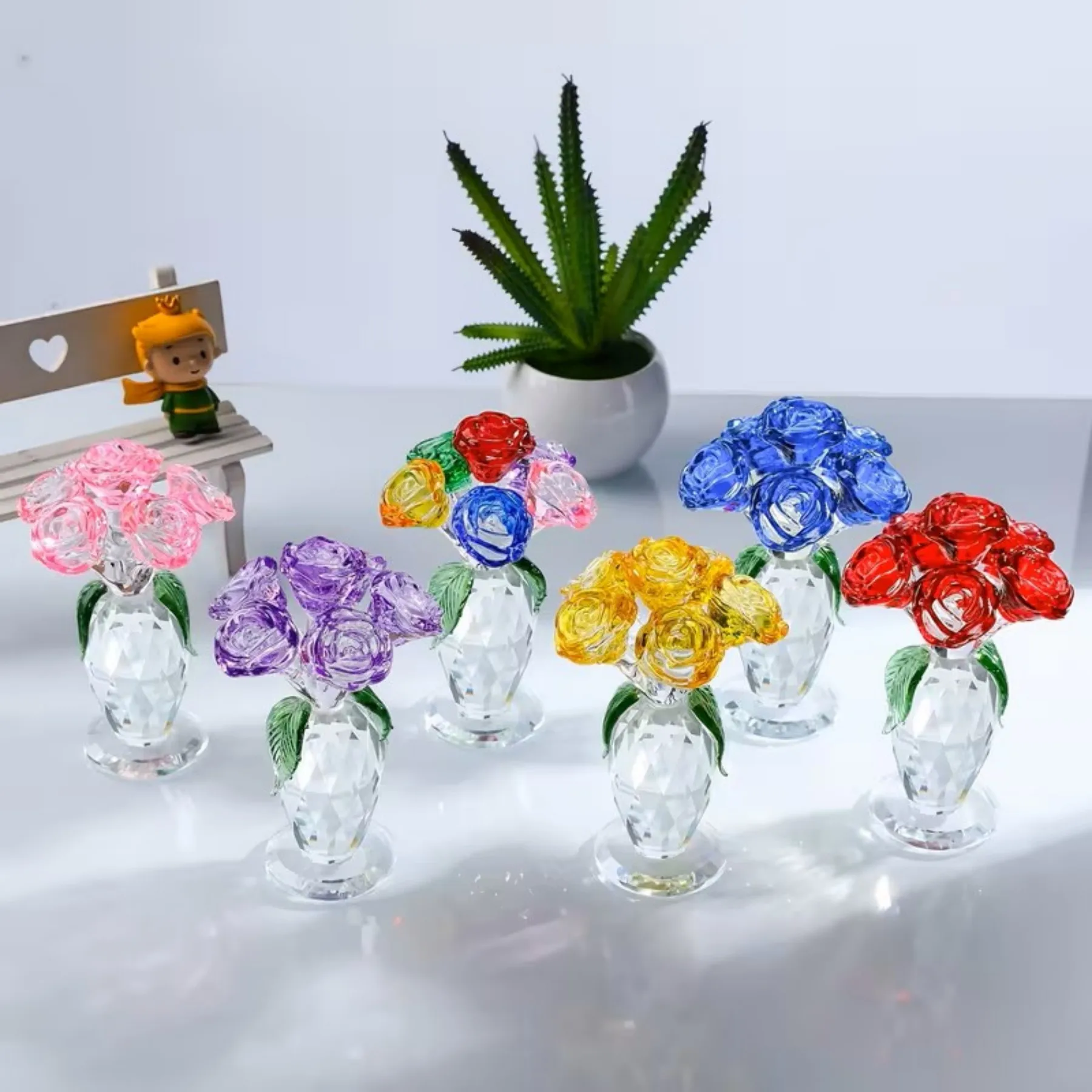 Crystal Rose Figurine - Light Luxury Blooming Potted Flower Home Decor, Gift for Christmas, Birthday  Mother's Day