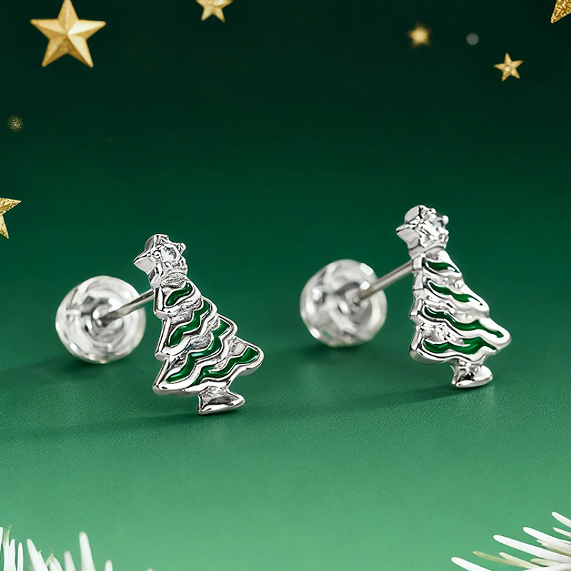 Huitan Fresh Style Green Enam Christmas Tree Stud Earrings for Women Elegant Party Fashion Festival Silver Color Metal Jewelry