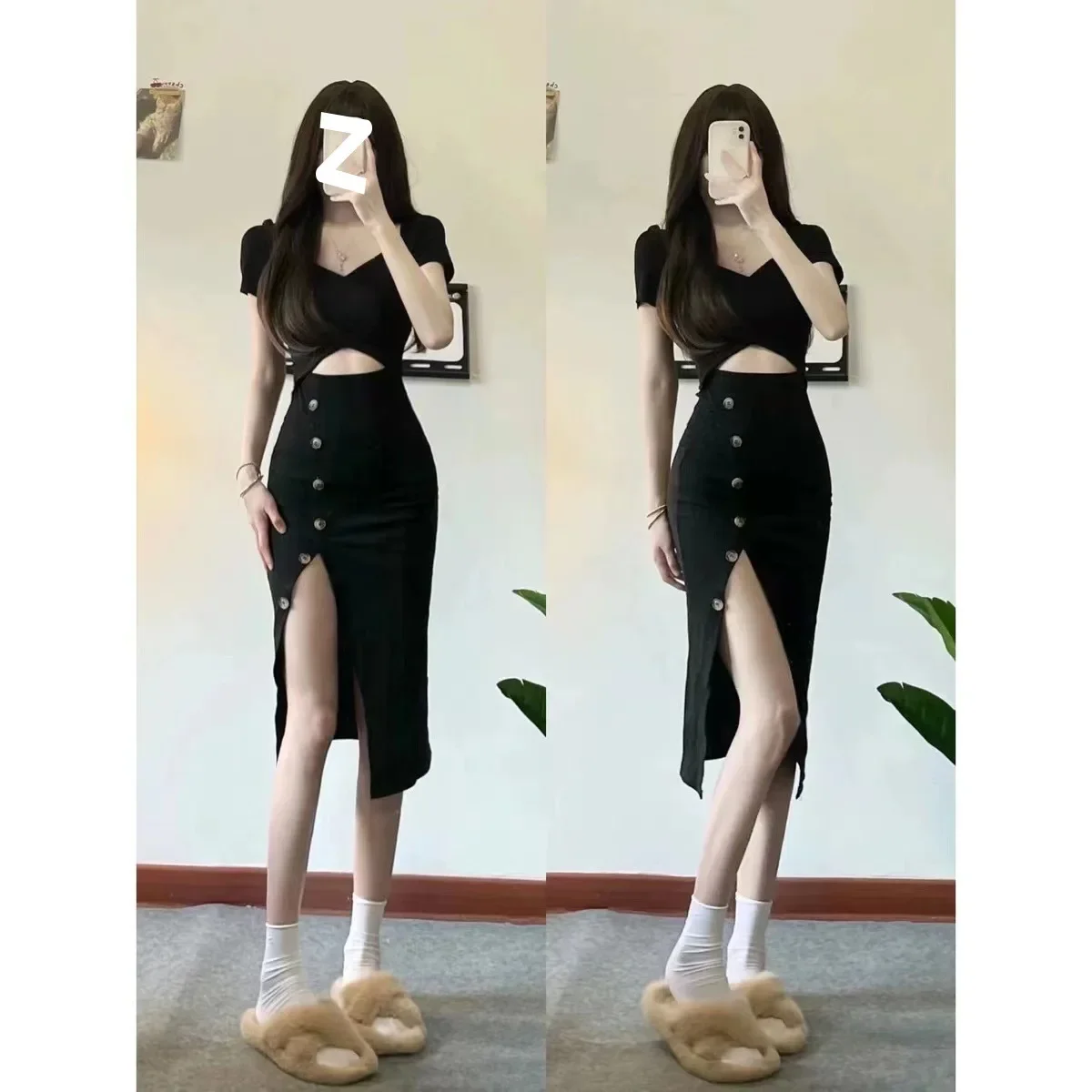 Sexy Mature Pure Desire Aesthetic Design Black Short Sleeve Side Slit Fitted Dress Women's Slimming Design Sensibility