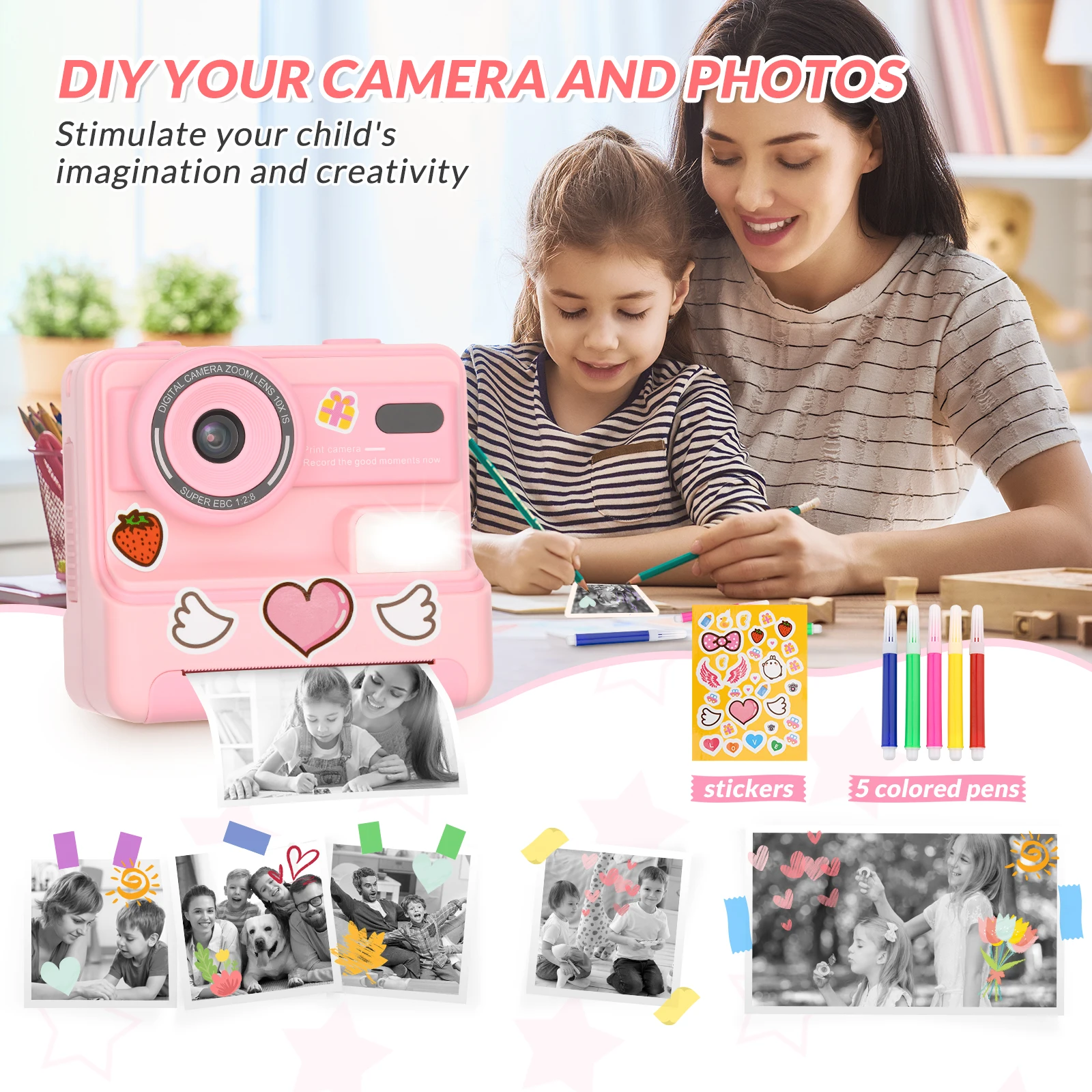 Kids Camera Instant Print, 48MP Digital Camera Selfie 1080P Video Toys Gifts for Girls Boys Aged 3-12 for Christmas/Birthday