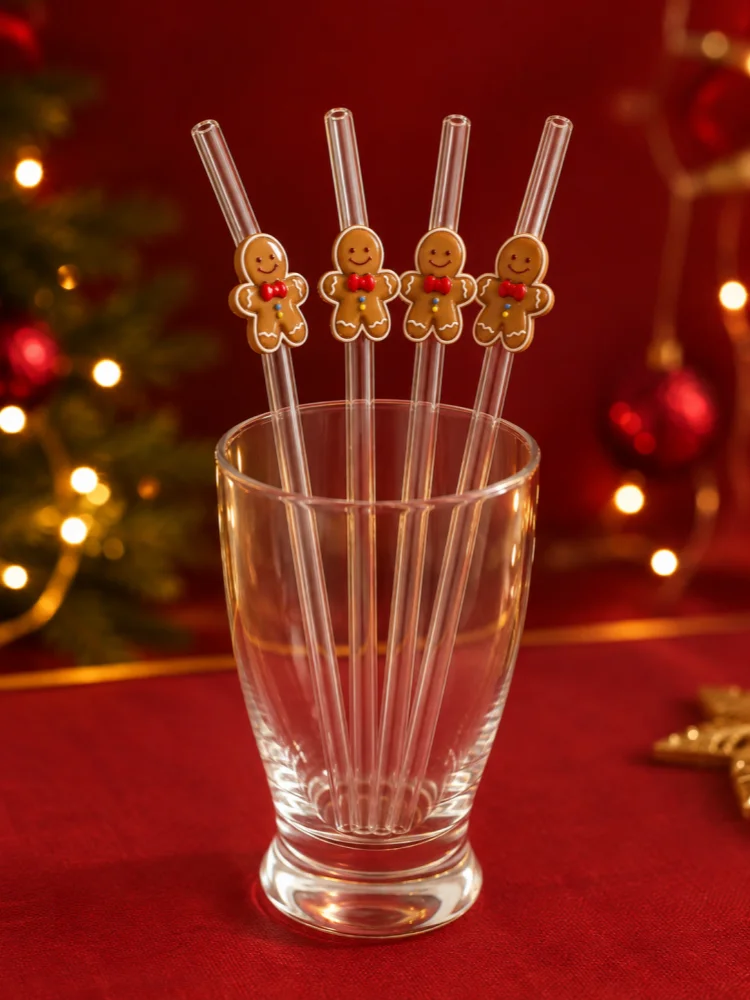3PCS Xmas Brown Bow Gingerbread Man Bent Glass Straw, for Smoothie Latte Drinks, Family Gathering Present