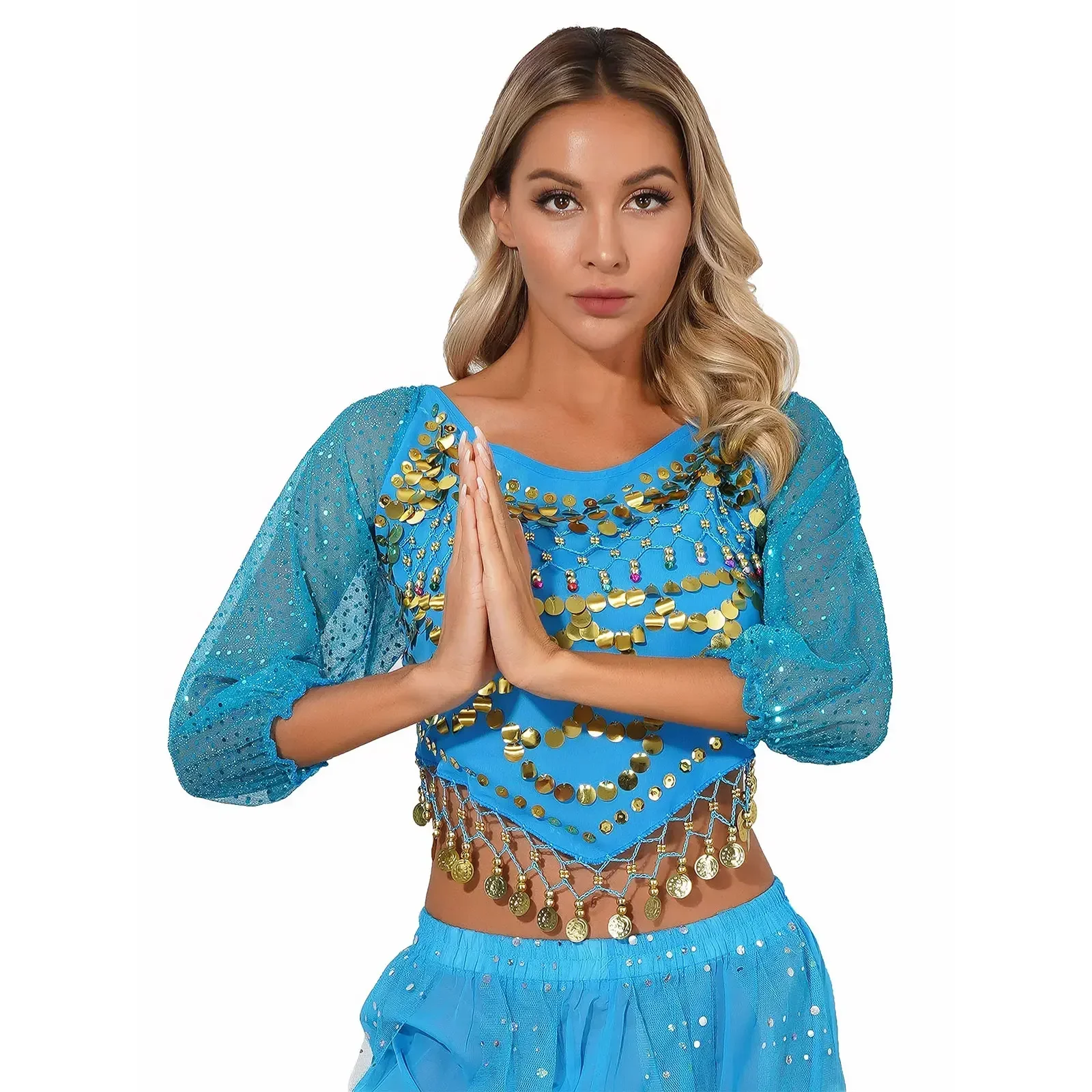 Womens Belly Dance Chiffon Tops Sequined Beaded Tassel Crop Top Halloween Carnival Rave Party Indian Dancing Performance Costume