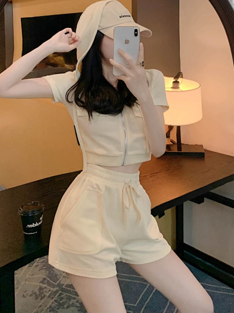 Short Sets Women Daily Fashion Slim Solid Simple All-match Korean Style Leisure Summer Pockets Creativity Elegant Sweet Ladies