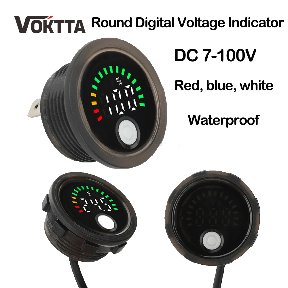 12v 2a redondo led indicador de tensão digital dc 7-100v à prova dwaterproof água voltímetro monitor para ácido/lítio bateria barco motocicleta