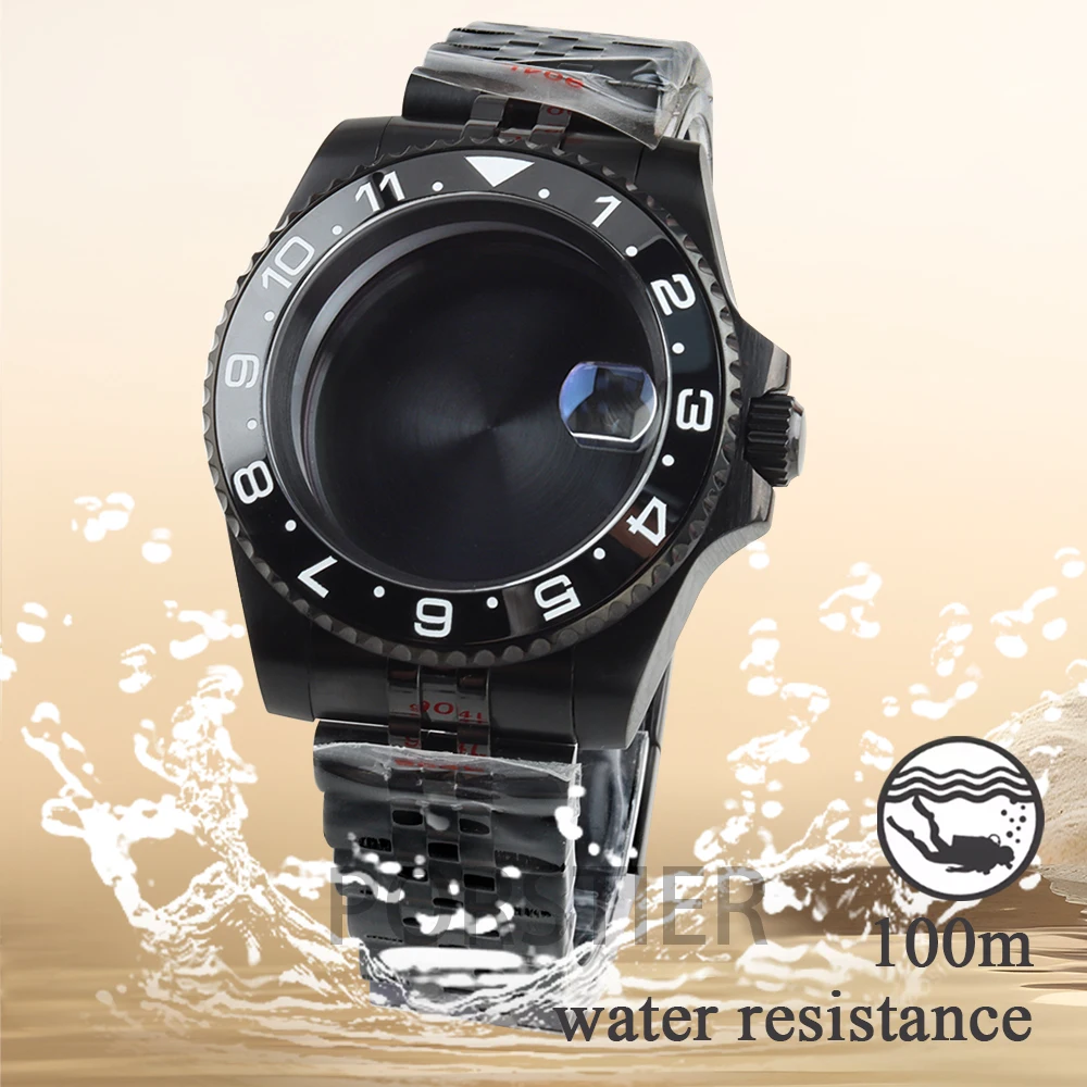 

40mm Watch Case and Jubilee Strap Black PVD Stainless steel Waterpoof Case for 28.5mm Dial NH34 NH35 NH36 movement Sapphire Glas