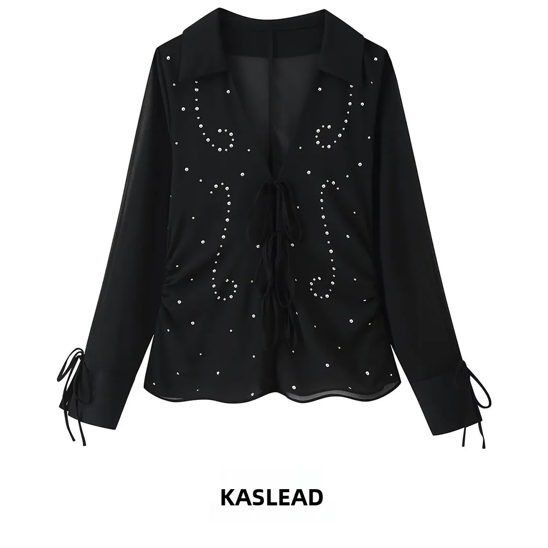 KASLEAD New Women's Fashion Design Sense Rivet Decoration Semi-Transparent Shirt Long Sleeve Button Closure Polyester Fiber
