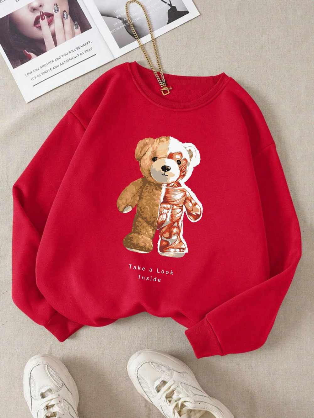 Muscle Bear Sweatshirt Damen Take A Look Inside Letter Prints Hoodies Fleece Warm Crewneck Loose Pullover Mode Damen Tops