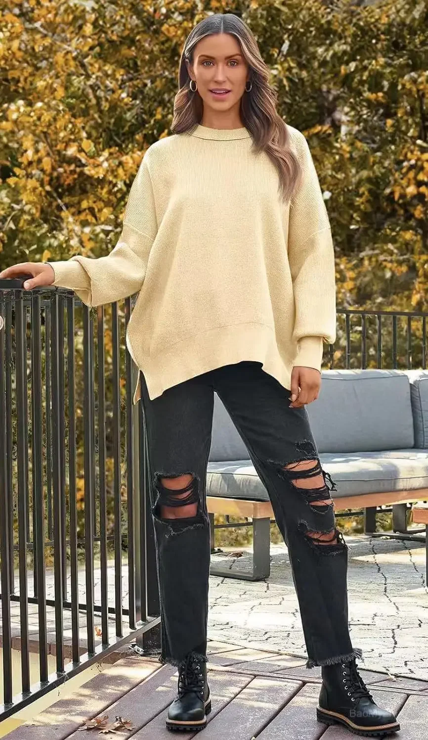 2024 Nowa jesienna damska bluza z długim rękawem Crewneck Batwing Pullover Fall Oversized Ribbed Knit Side Slit Pullover Tops Winter