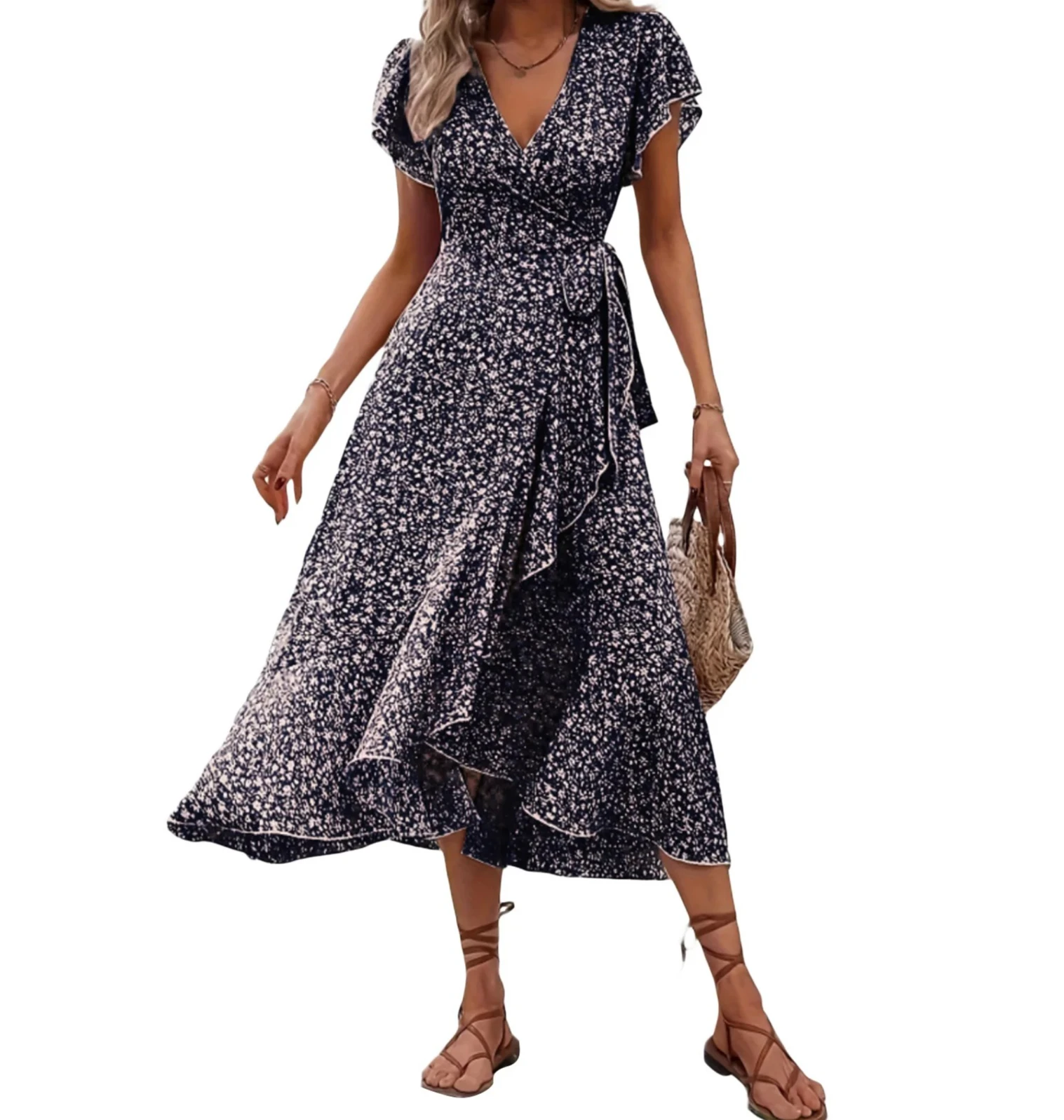 Damska letnia sukienka z kwiatowym nadrukiem, falbankami, elegancka, z krótkim rękawem, wiązana na bokach, z dekoltem w kształcie litery V.