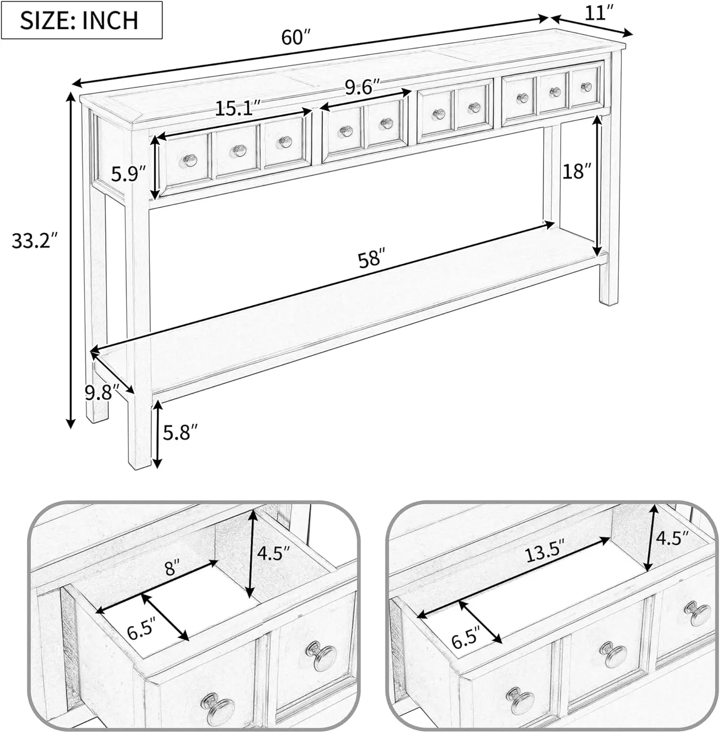 Rustic Entryway Console Table, 60"" Long Sofa Table With Two Different Size Drawers And Bottom Shelf For Storage (Antique Navy)