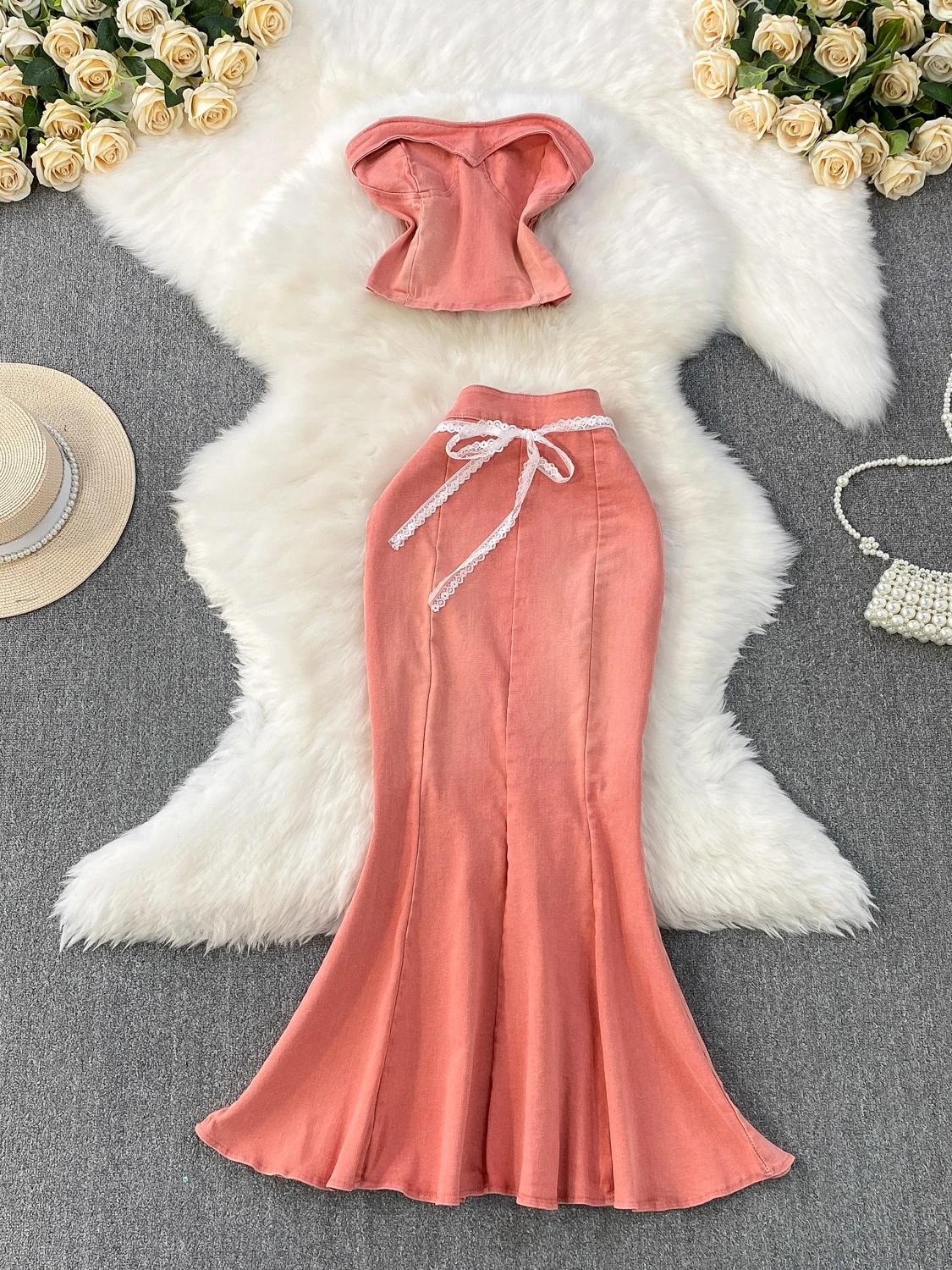 

Ele One-oulder Denim Crop Top + High Waist Slim Fi Tail Skirt Set Faionable Two-Piece Women's Ensemble Summer 2025