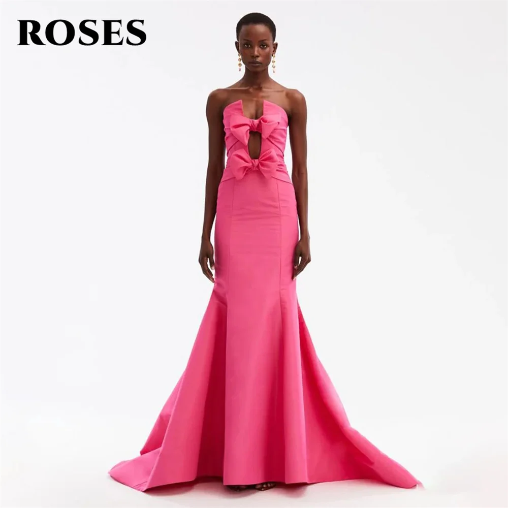 

ROSES Pink Stain Long Party Dresses Mermaid Cut-Out Night Dress Sleeveless Strapless Celebrity Dresses with Bow Customized