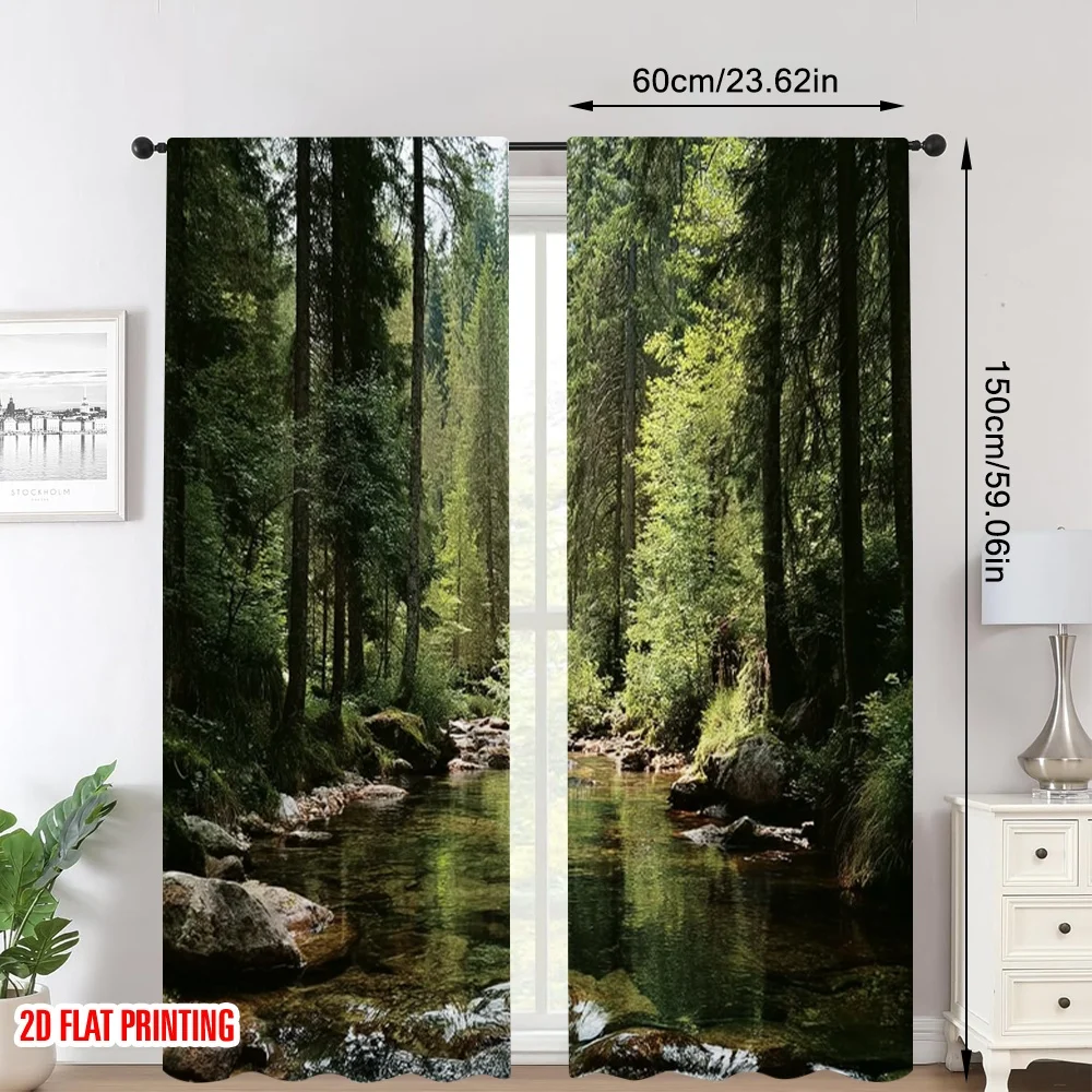 2pcs 2D flat printing Curtains High density forest streams Digital Printed Polyester Drapes Family Party for Holiday