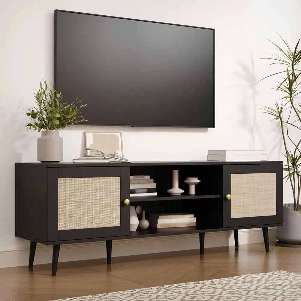 Rattan TV Stand or 55/65/70 inch TV, Boho 59" Entertainment Center with Storage, ern Century Media ole with Rattan Doand Adjusta