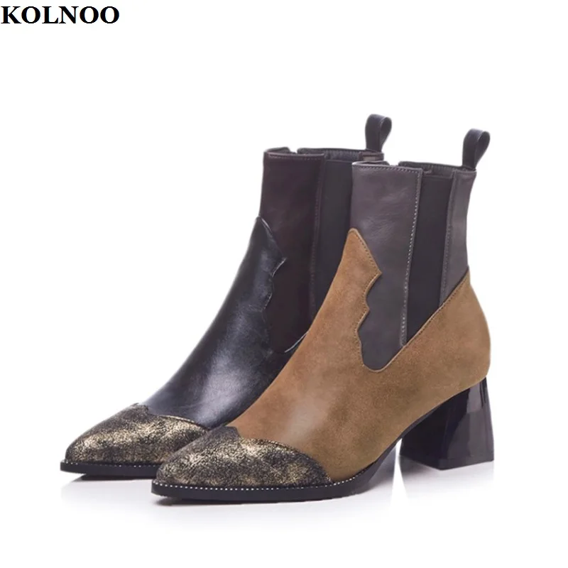 

Kolnoo Handmade New Retro Style Womens Chunky Heels Ankle Boots Patchwork-leather Punk Dress Boots Evening Fashion Prom Shoes