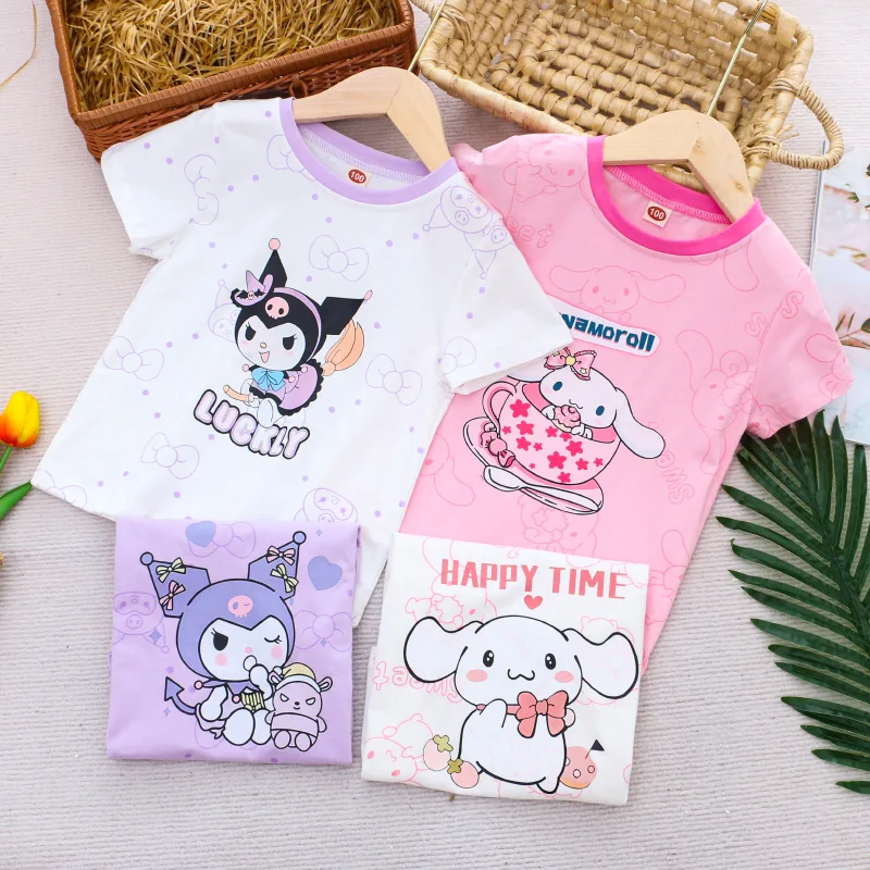 Camiseta de dibujos animados de algodón para niños y niñas, camisa de manga corta con cuello redondo, Anime Sanrios Cinnamoroll, ropa de verano