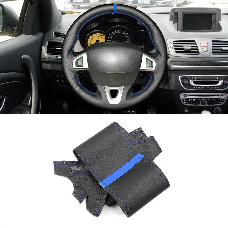 

For Renault Megane 3 Scenic 3 Kangoo 2 Fluence (ZE) Samsung SM3 Nissan NV250 Car Leather Steering Wheel Cover Blue Line Bar Trim