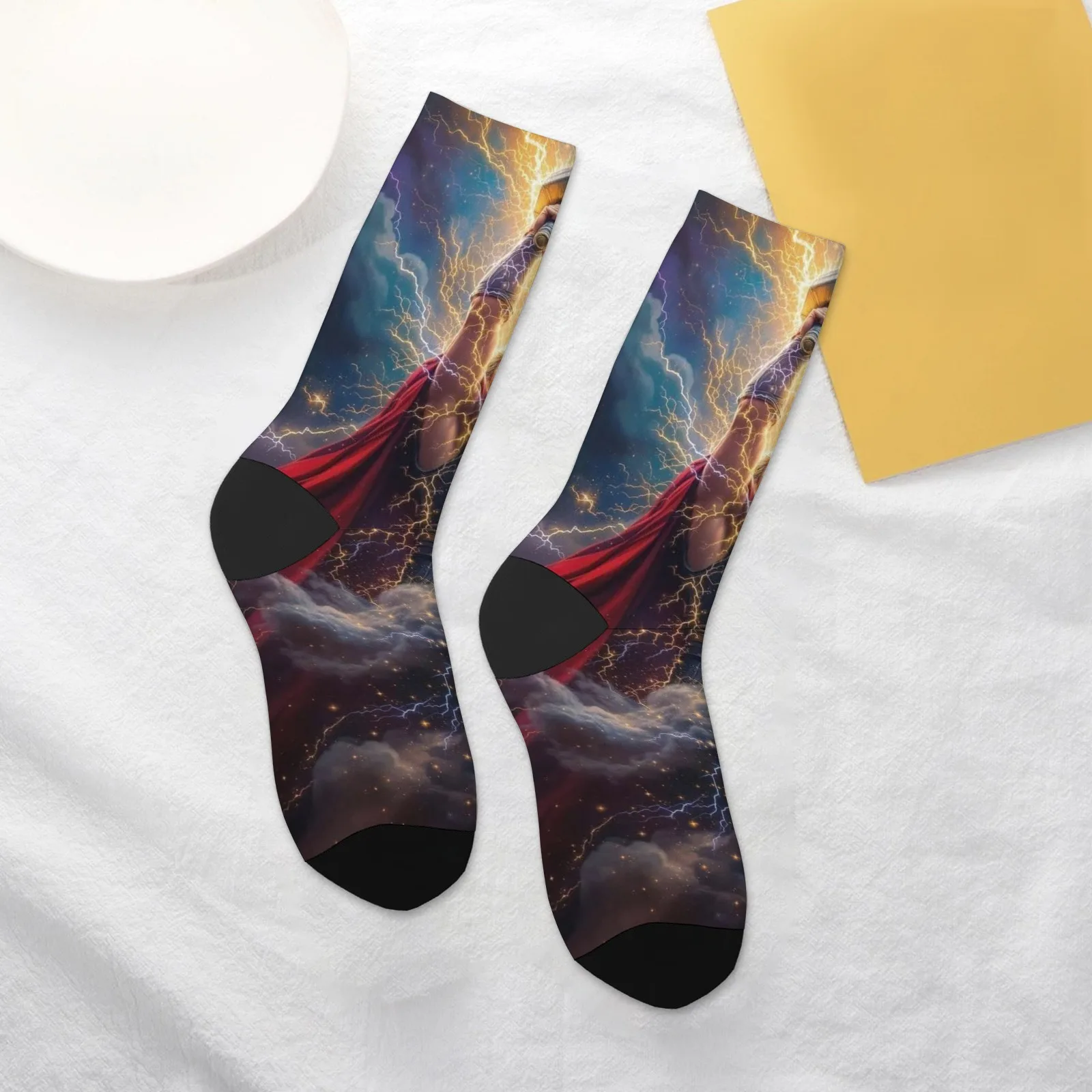 Customizable Dynamic Marvel Thor Mid  Crew Socks - Epic Lightning Effects Design - Soft & Durable - Perfect for Marvel Fans!