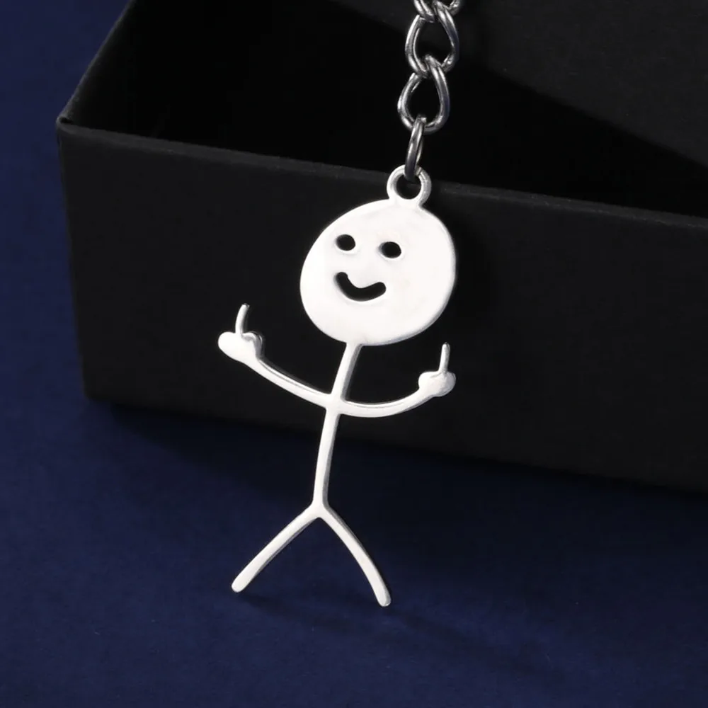 Hip Hop Funny Middle Finger Stickman Keychain for Men Women Stainless Steel Silver Color Pendant School Bag Car Keyrings Gift