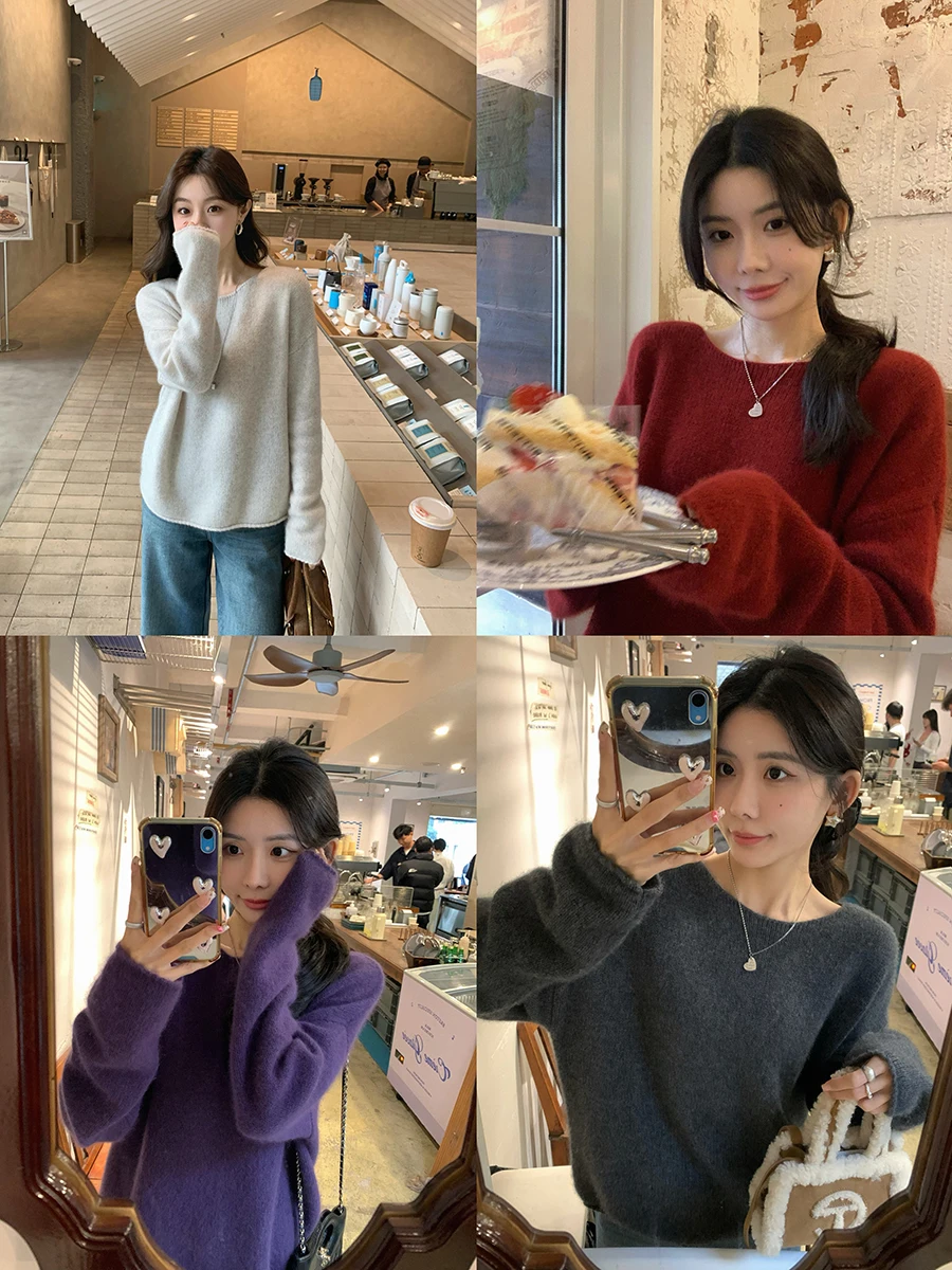 

Вязаный свитер Ibell Zhang из меха медведя с длинными рукавами, теплый, с манжетами, открытыми плечами, женская модная зимняя верхняя одежда