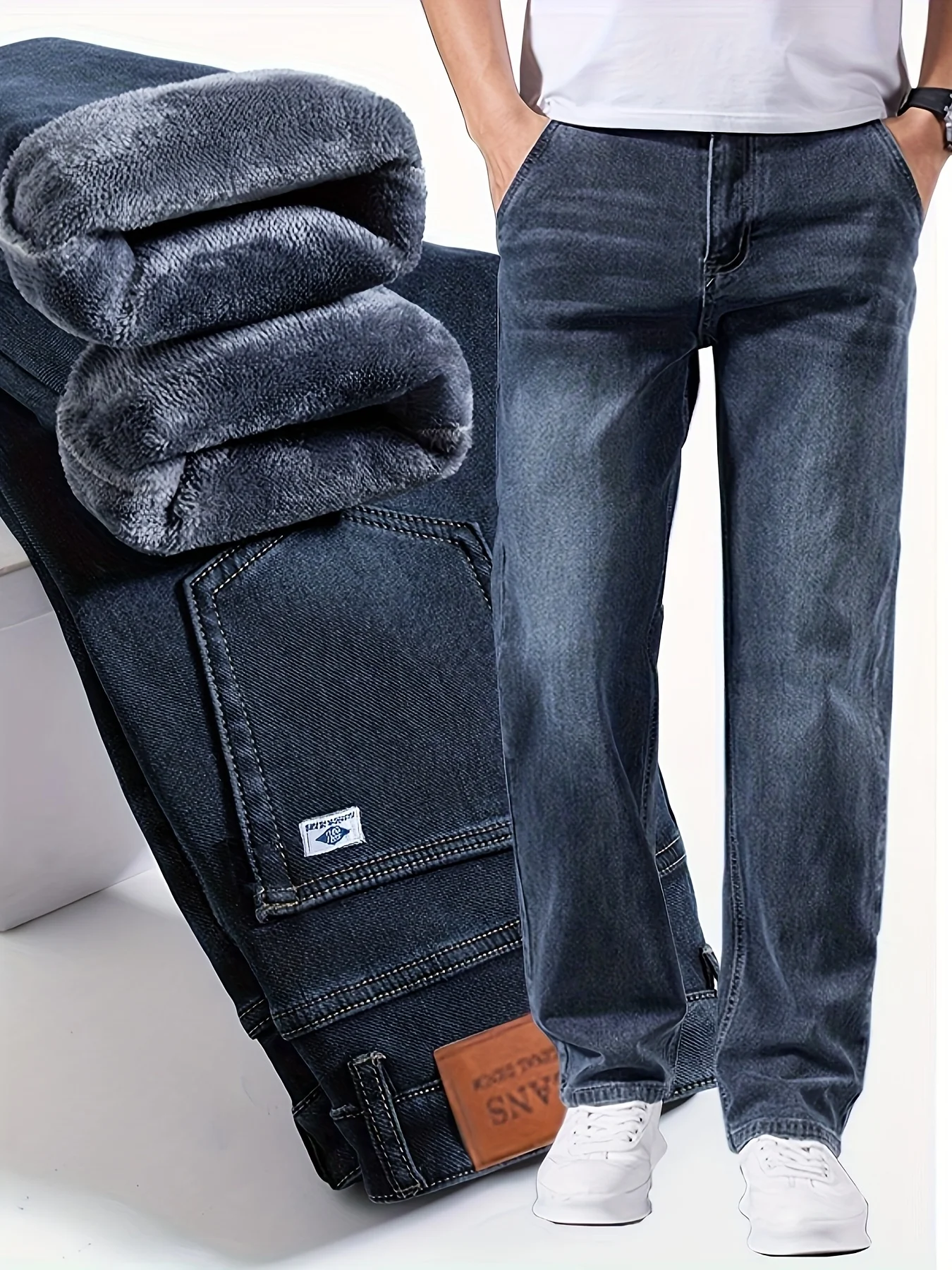 

Winter New Arrival Fleece-Lined Thickened Minimalist Stretch blue trousers, long pants