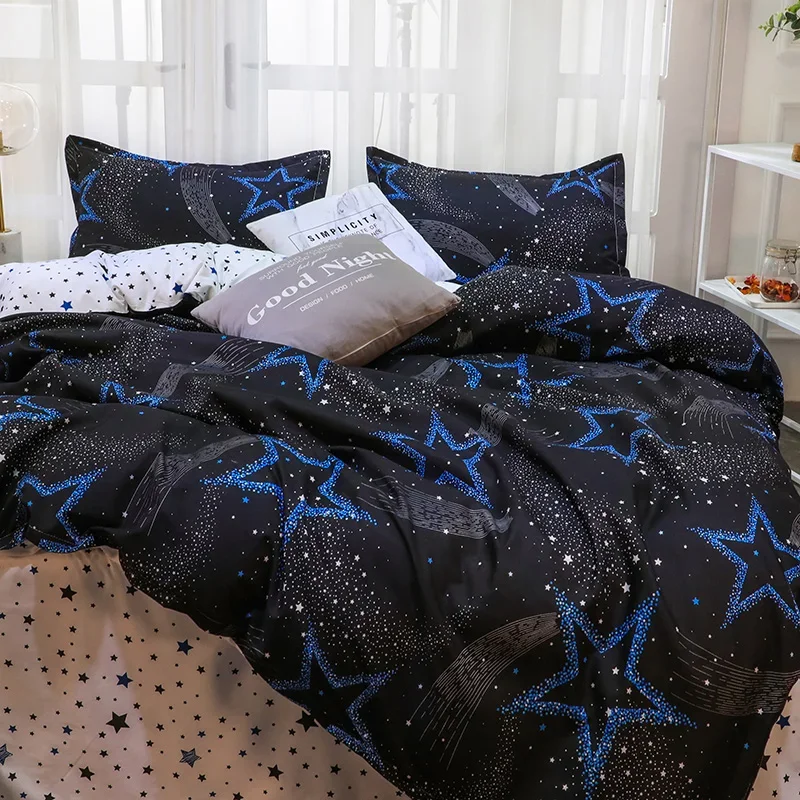 Star Black Duvet Cover Set Full Queen Reversible Star Comforter Cover 4pcs Kawaii Space Starlight Boundless Galaxy Bedding Set