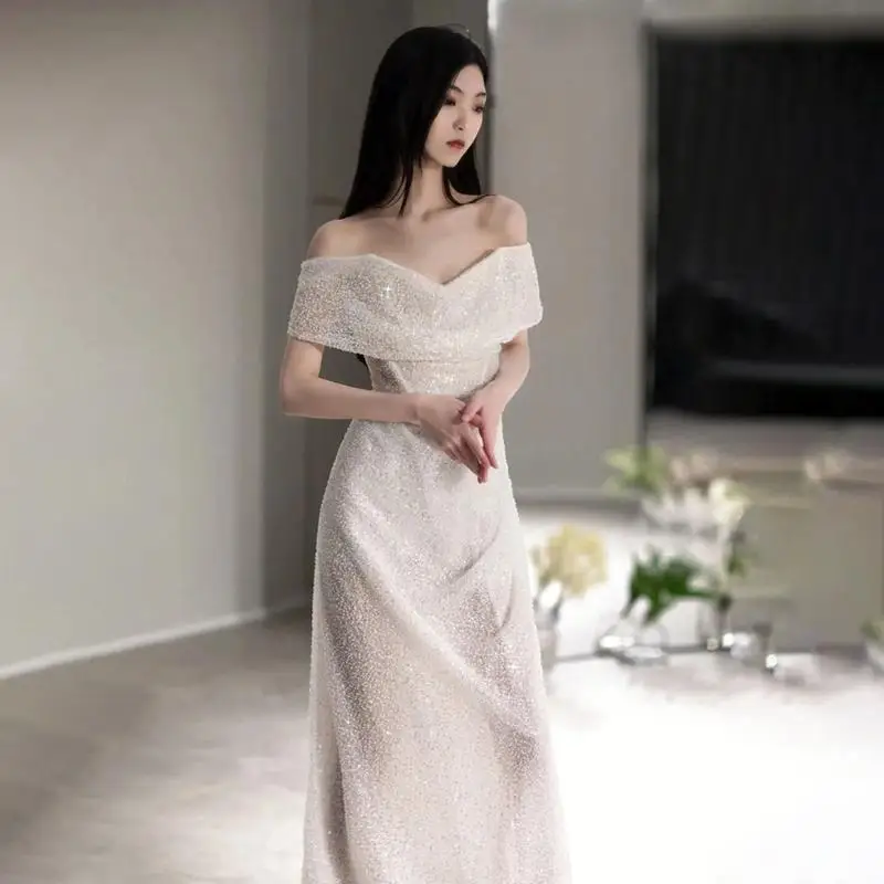 Sexy Sparkly Exquisite Sequins Backless Evening Gown Dress Women Fashion Formal Off Shoulder Long Dresses