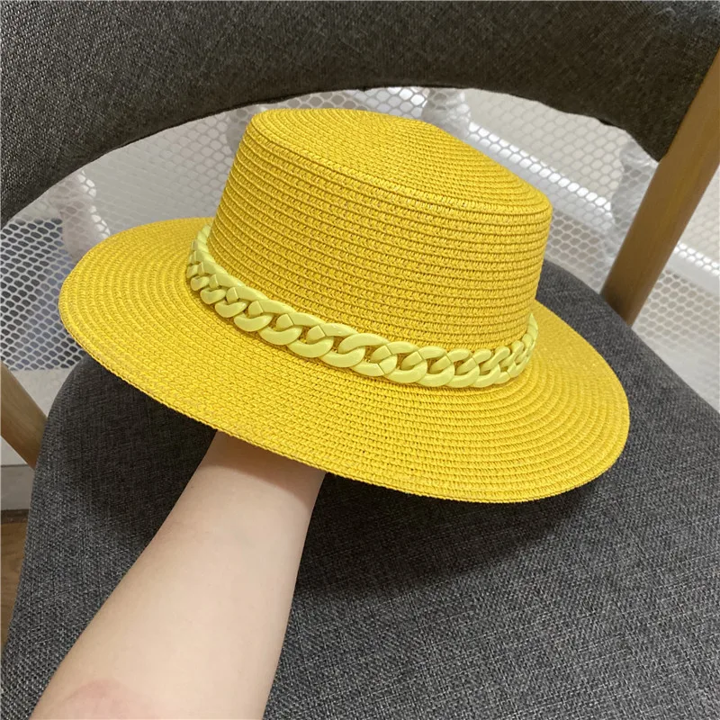 Summer women hat new adjustable flat top men\'s and women\'s straw hat fedora sun hat beach hat jazz fluorescent yellow jazz