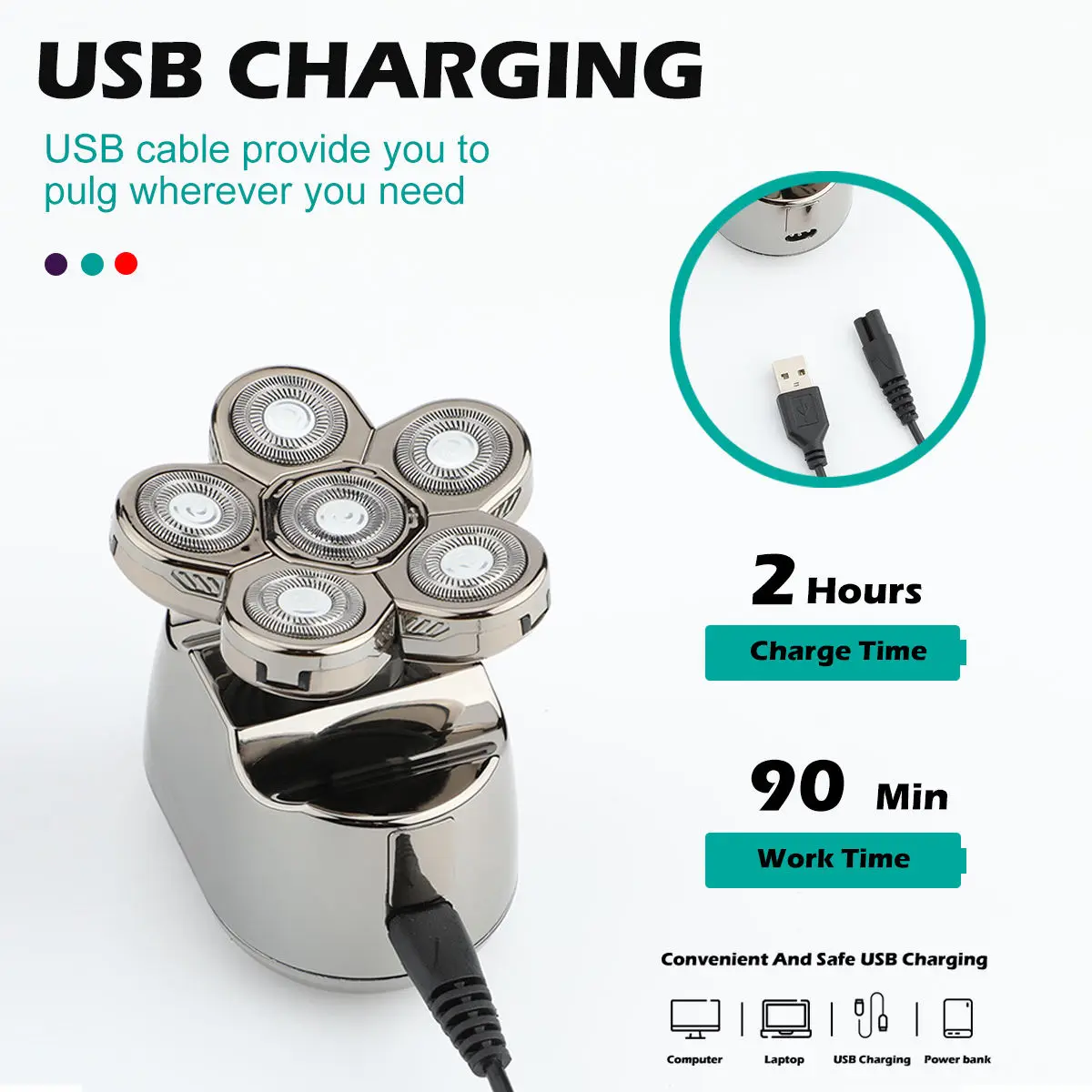 VGR 395 USB شفرات حلاقة احترافية دوارة مقاومة للماء وقابلة لإعادة الشحن ماكينة حلاقة كهربائية للرجال