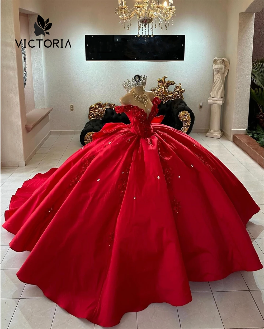 Gorgeous Red Floral Appliques Quinceanera Dresses For Wedding Beads Mexican Ball Gown With Bow 15 Years Old Dress Customized